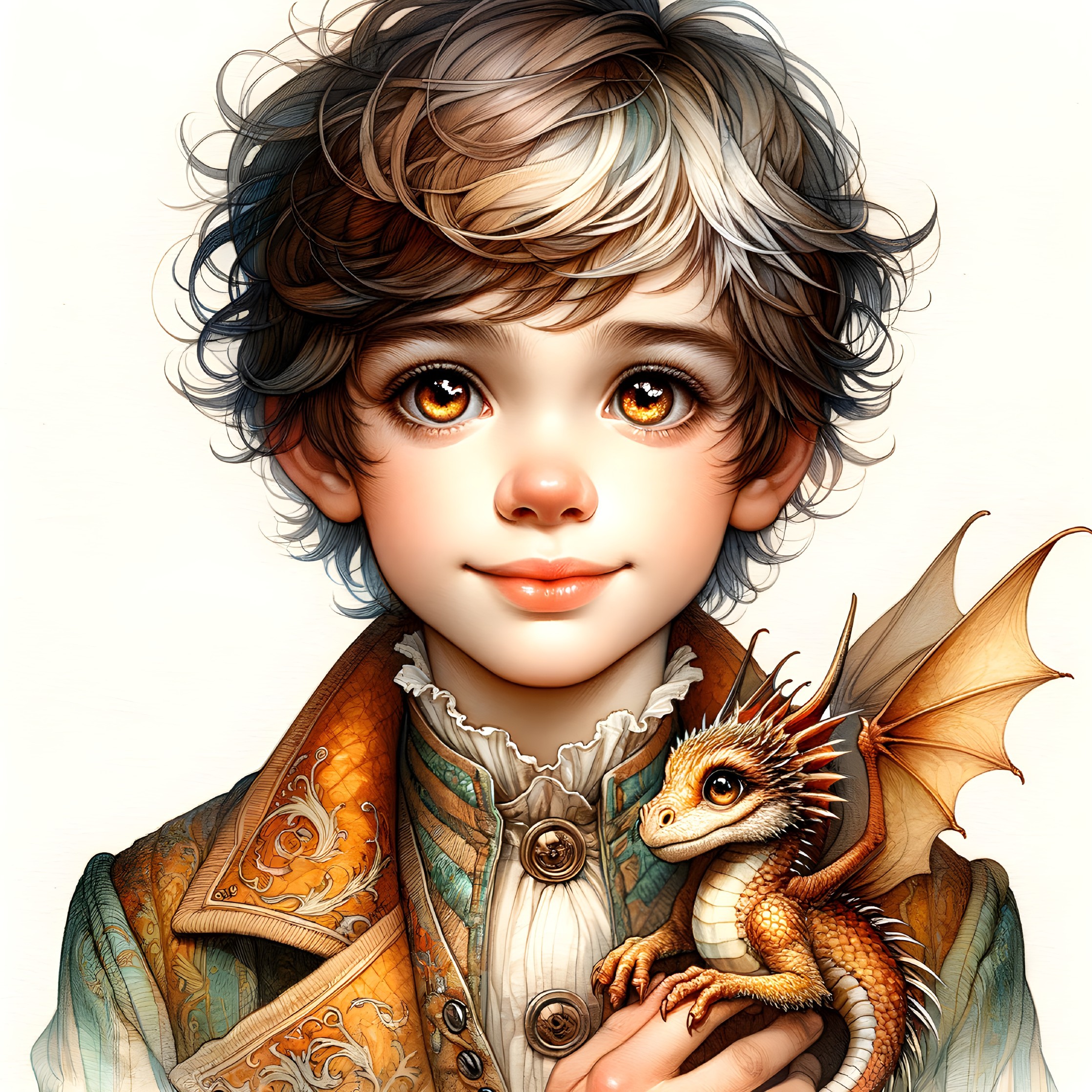 Young boy in ornate jacket holding vibrant dragon