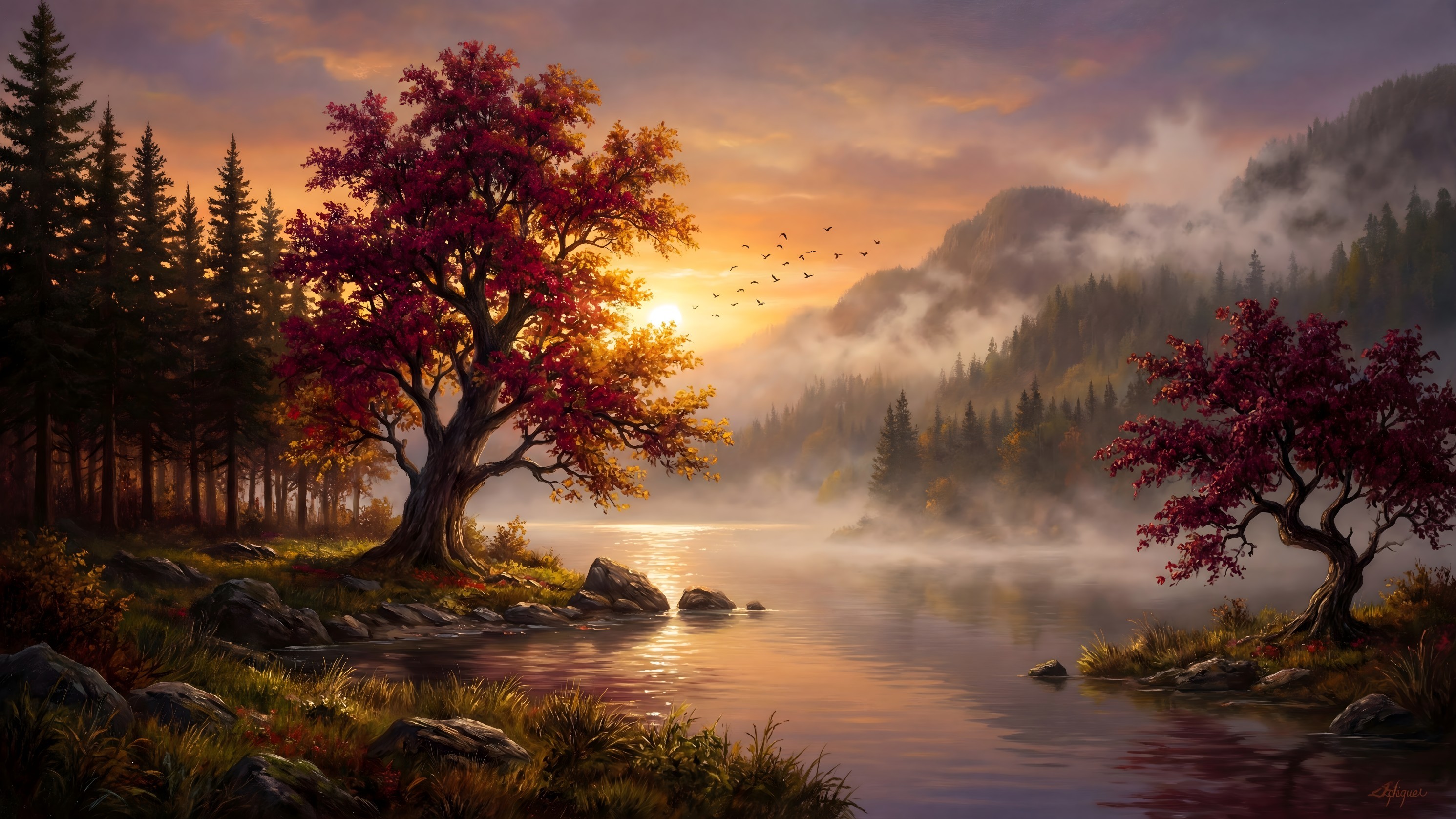 Autumn Landscape with Red-Leaved Trees and Lake