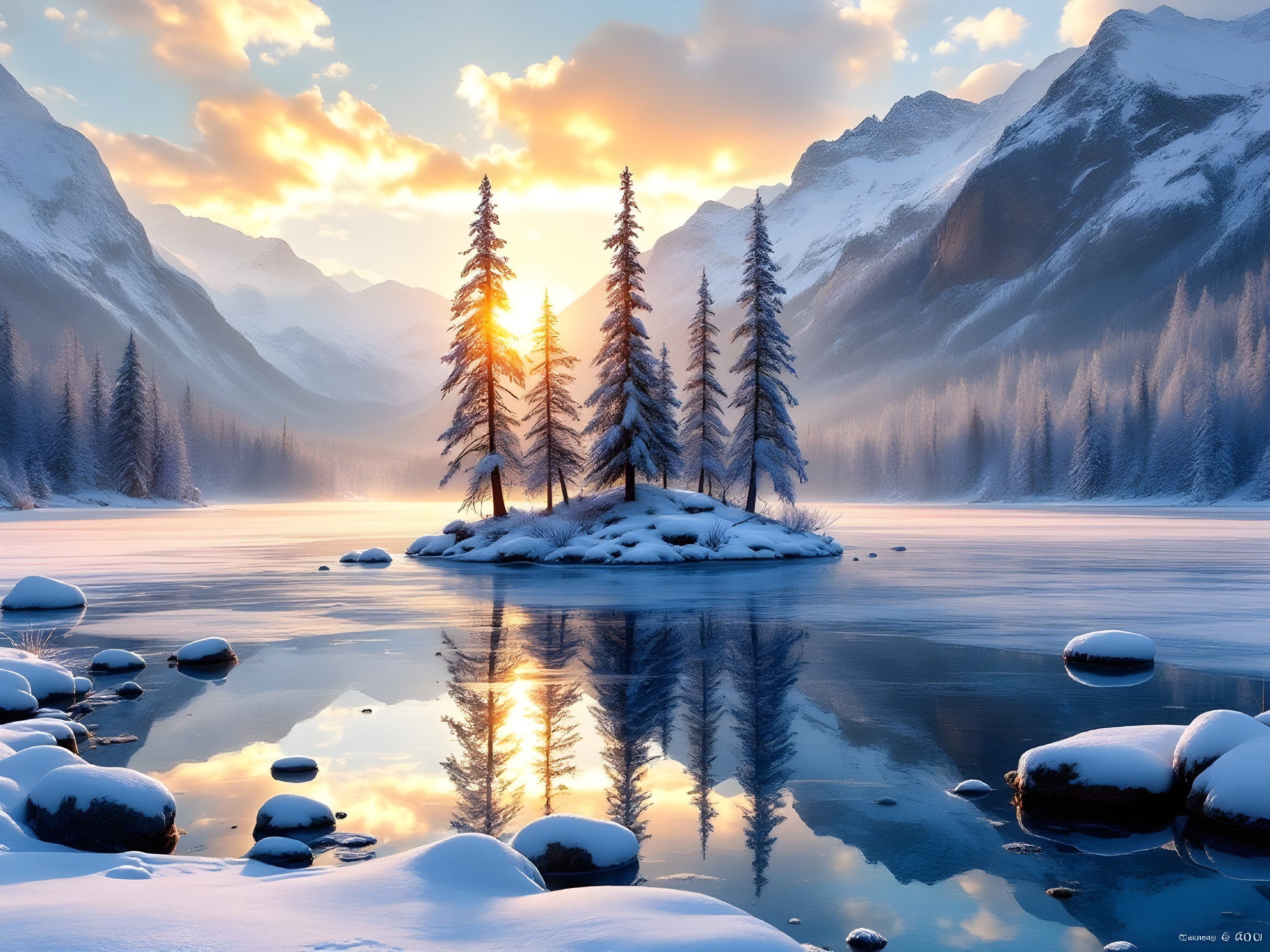 Serene Winter Landscape with Pine Trees and Lake