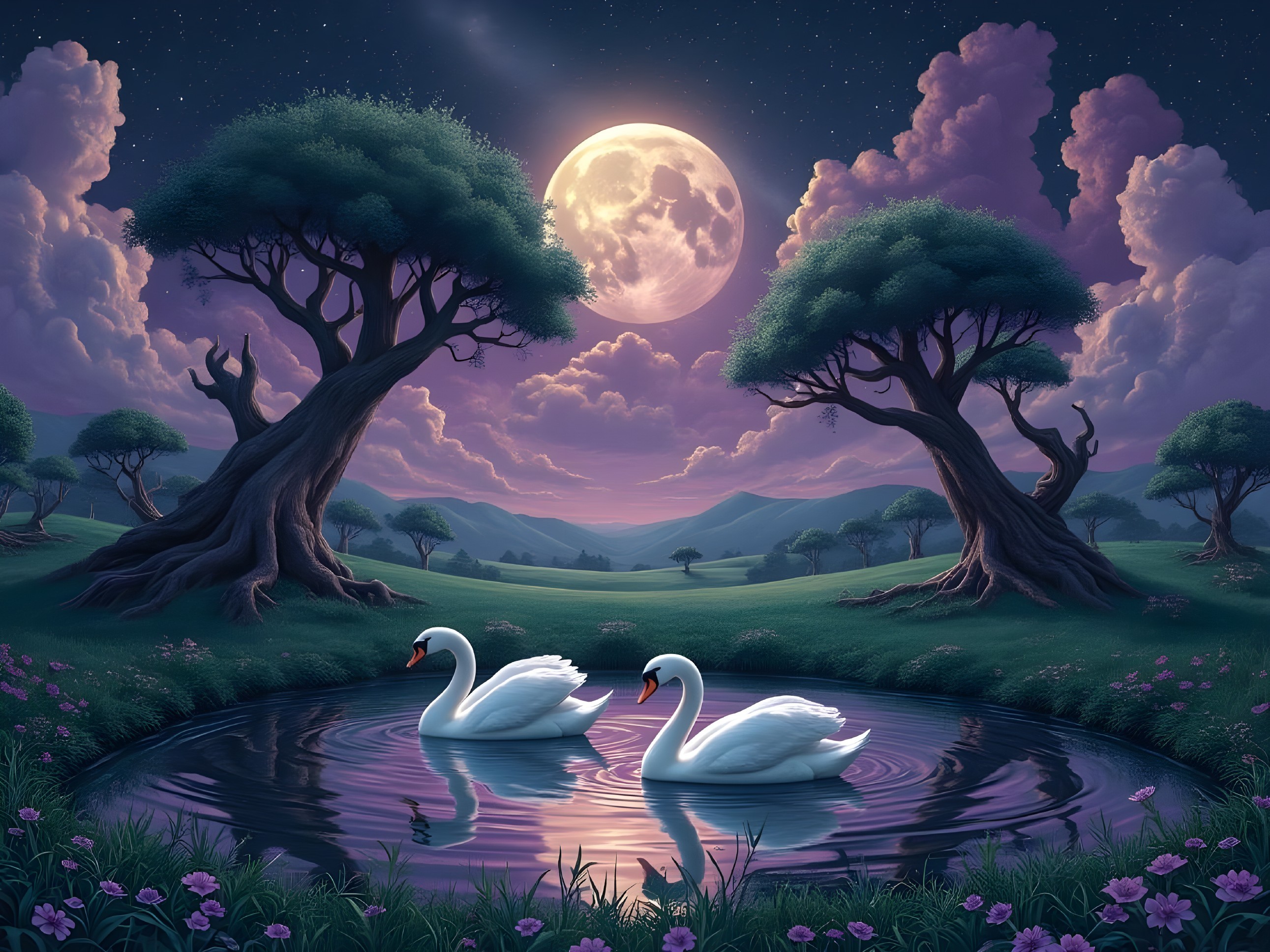Tranquil Nighttime Scene with Swans on Reflective Pond