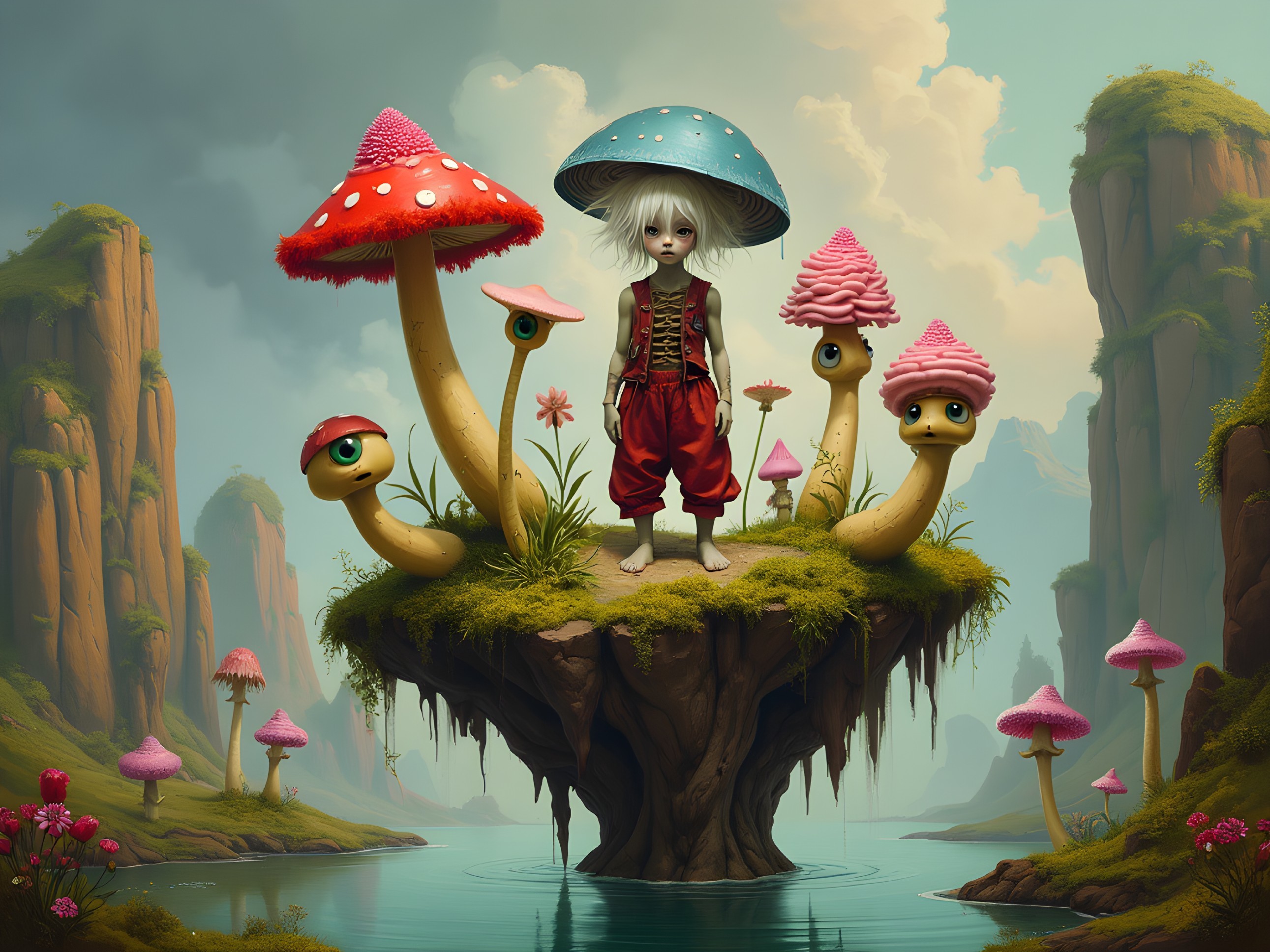 Child on a Floating Island with Colorful Mushrooms