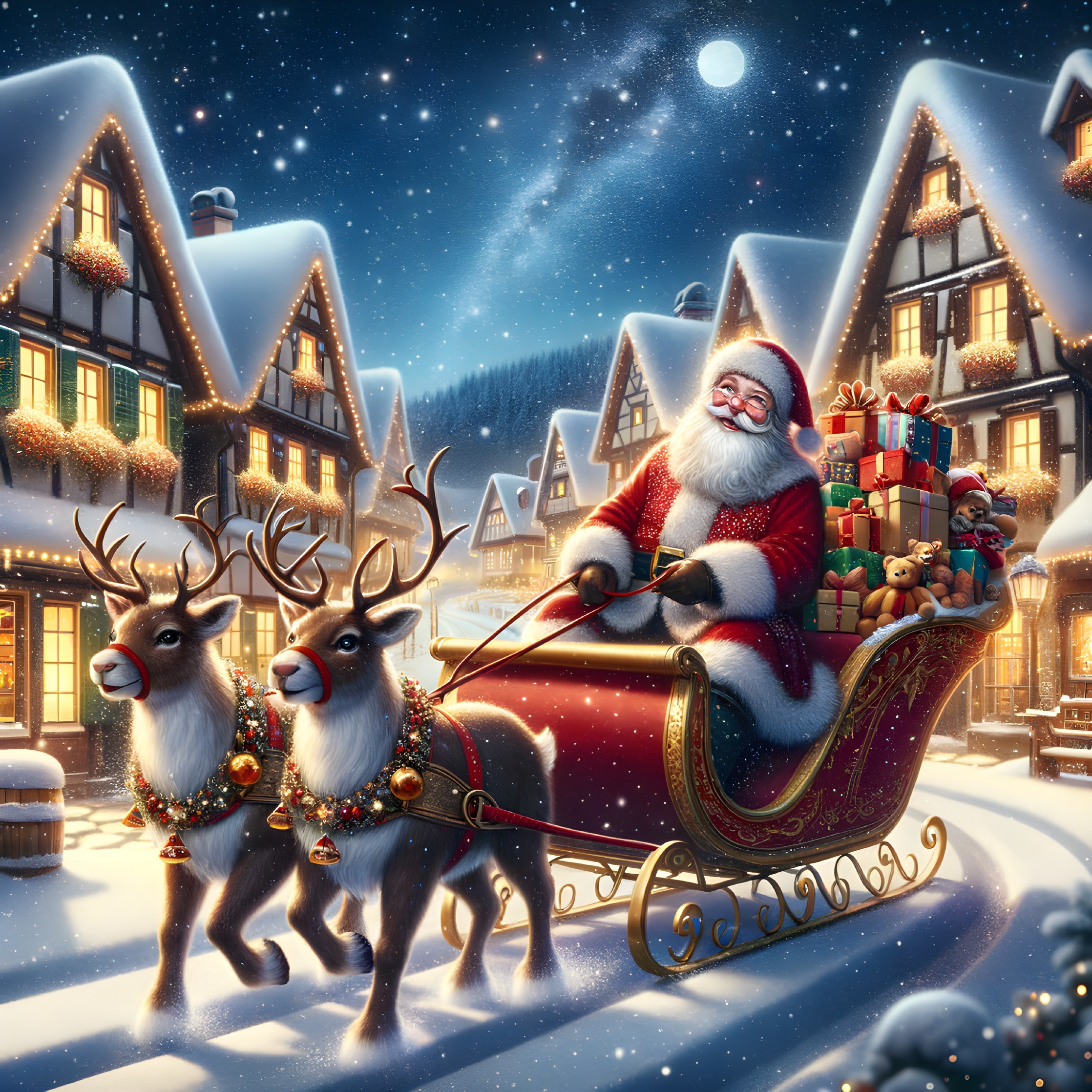 Winter Village Scene with Santa and Decorated Sleigh