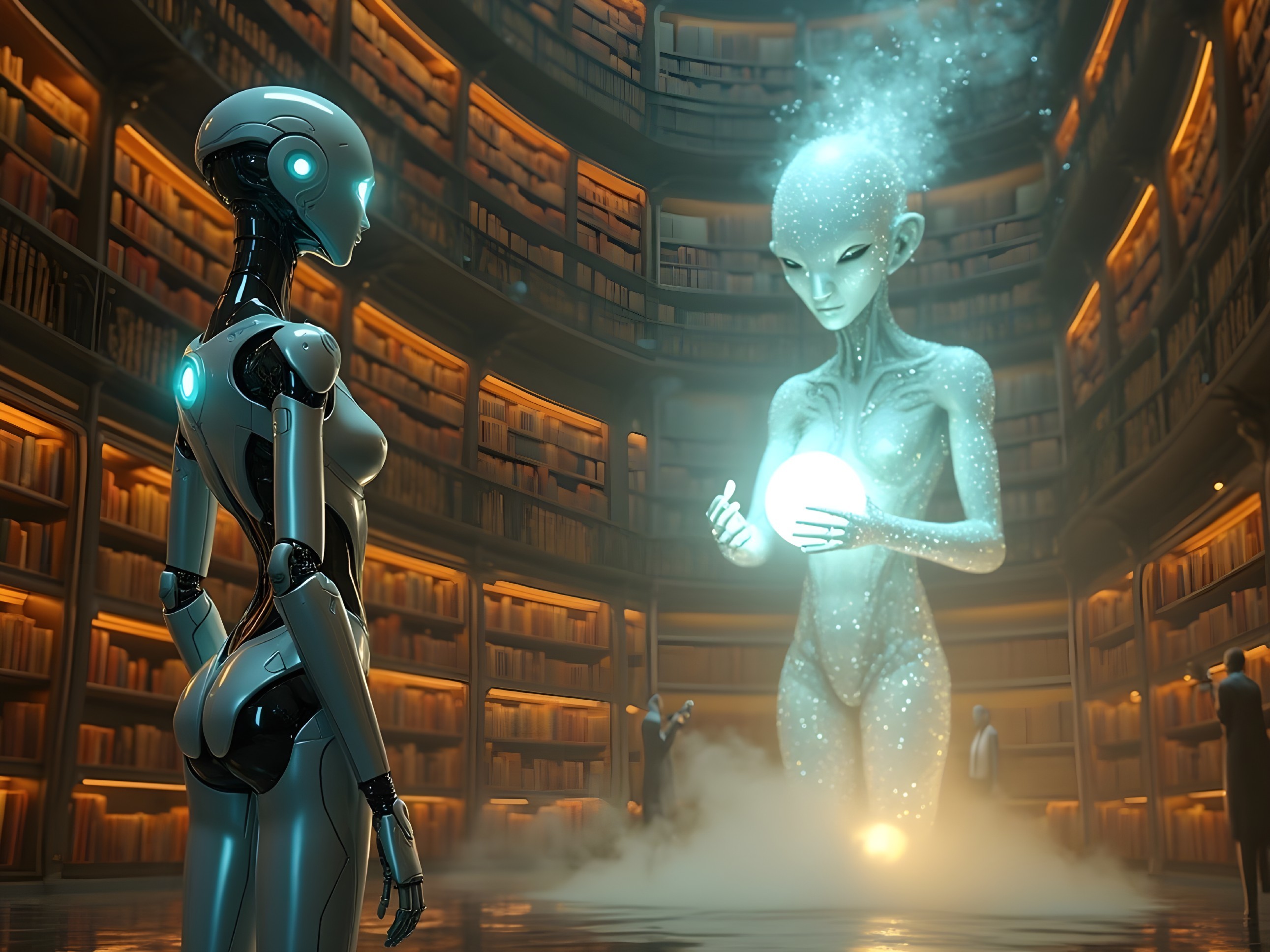 Mystical library scene with robot and ethereal figure