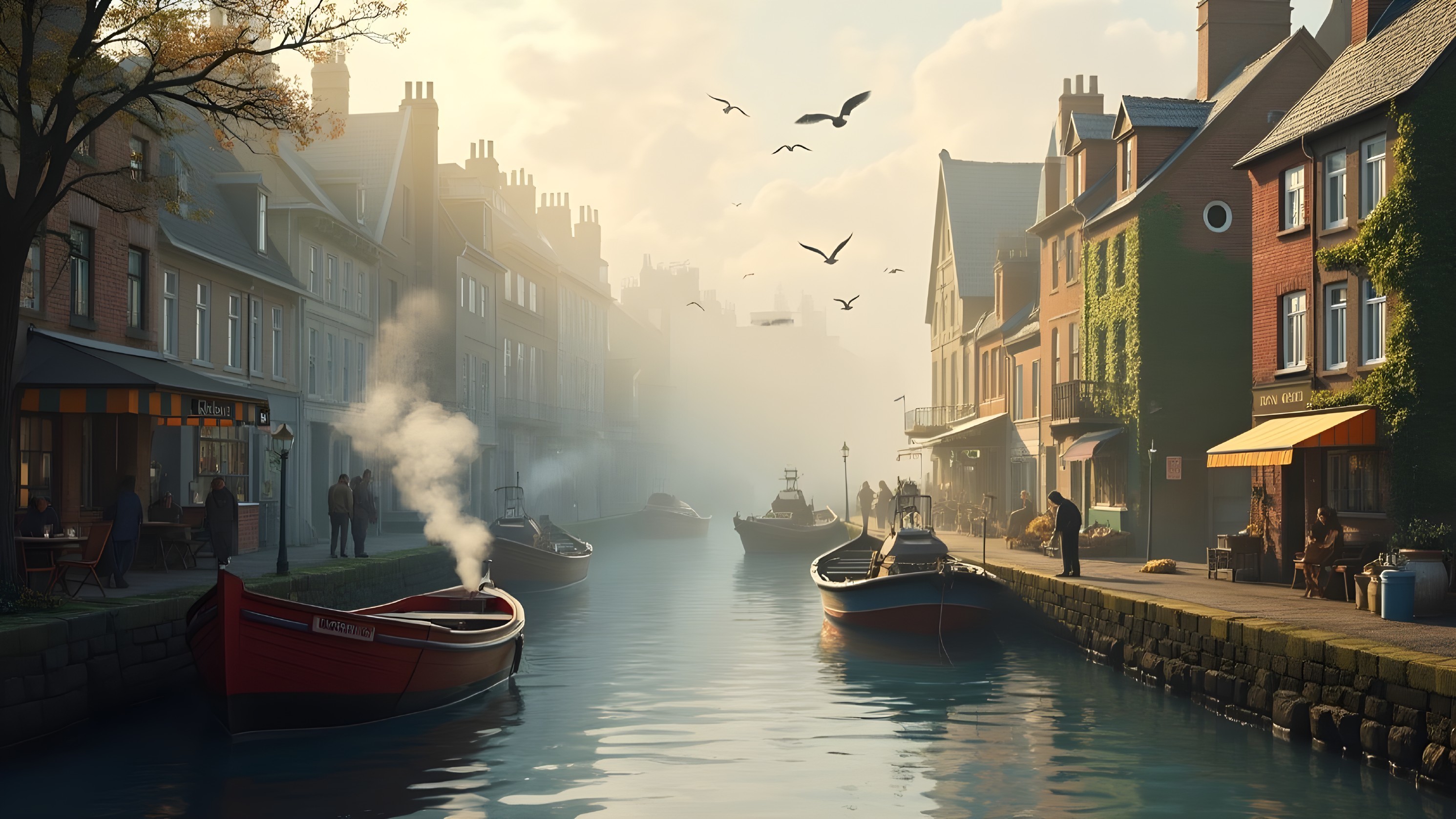Tranquil Canal Scene with Brick Houses and Boats