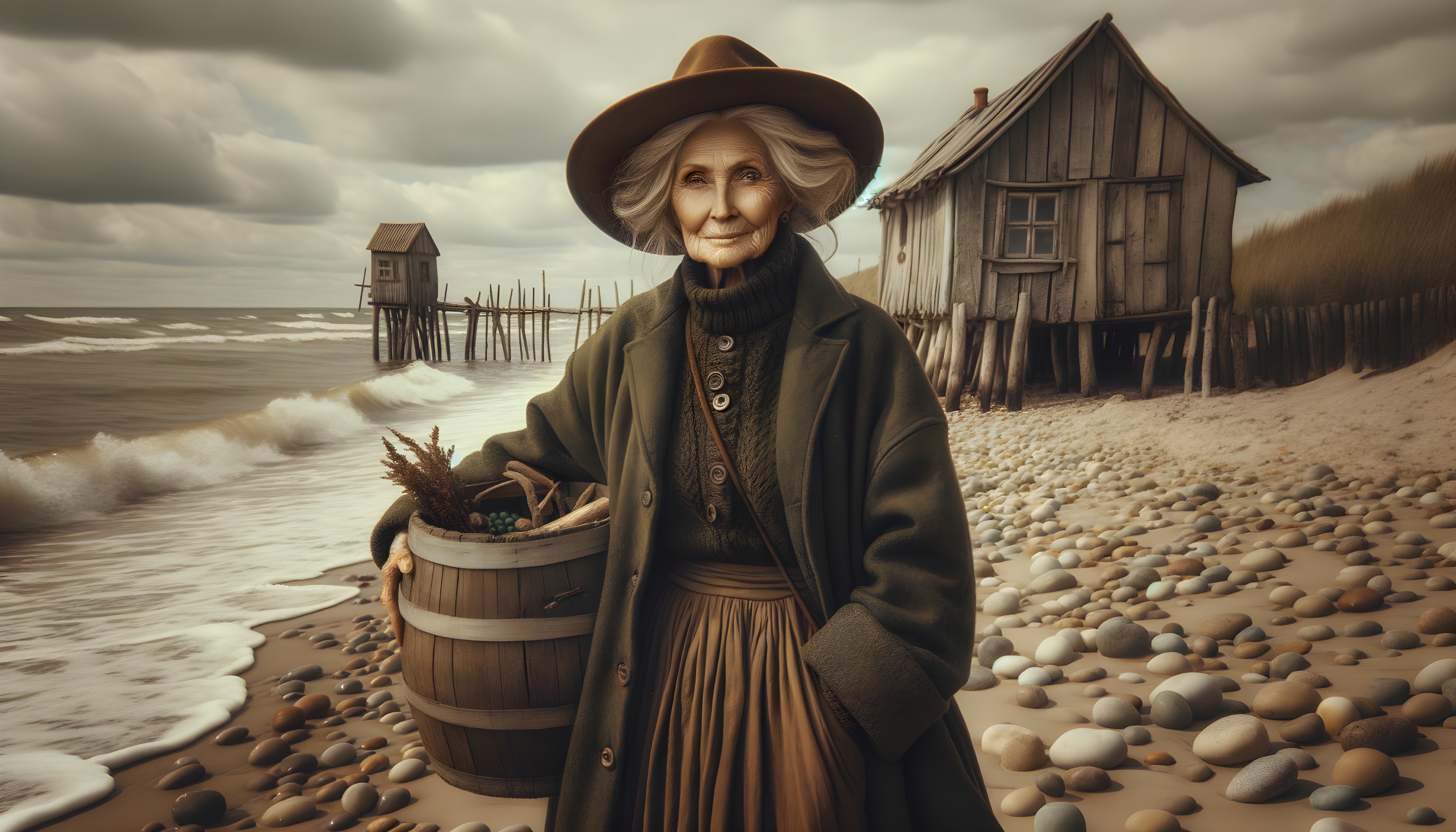 Elderly Woman on Rocky Beach with Seaweed and Shells