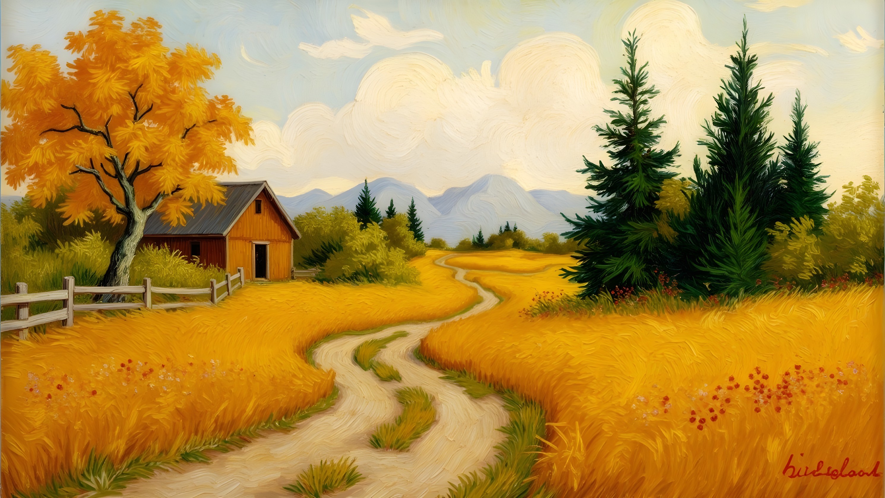 Serene landscape with rustic cabin and autumn trees