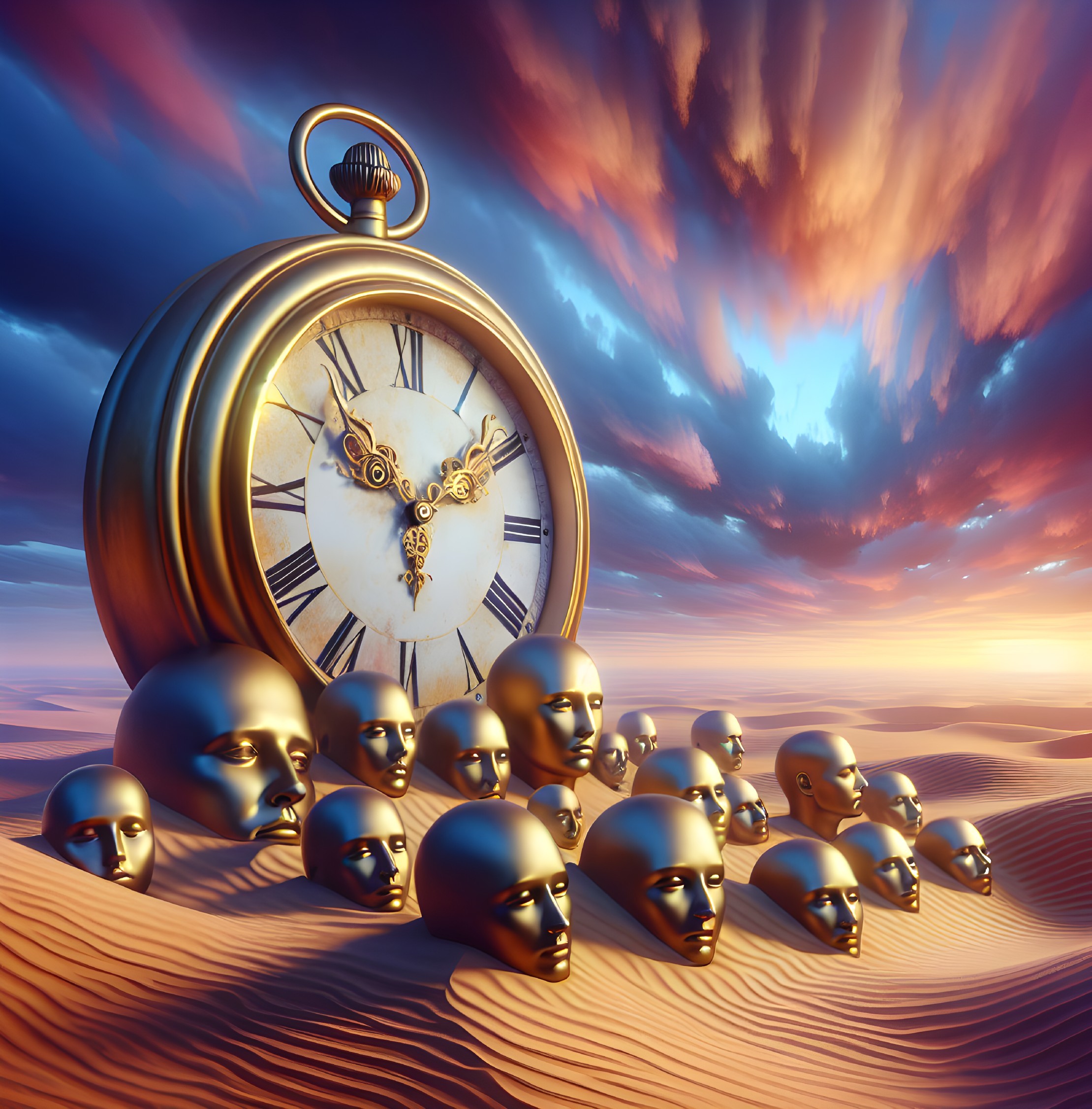 Golden Pocket Watch Surrounded by Human Heads at Sunset