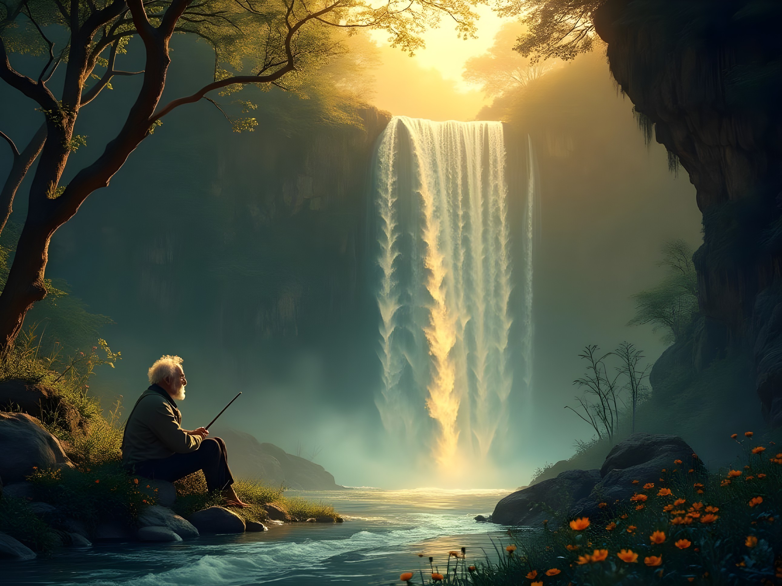 Elderly Man by Tranquil River and Waterfall Scene