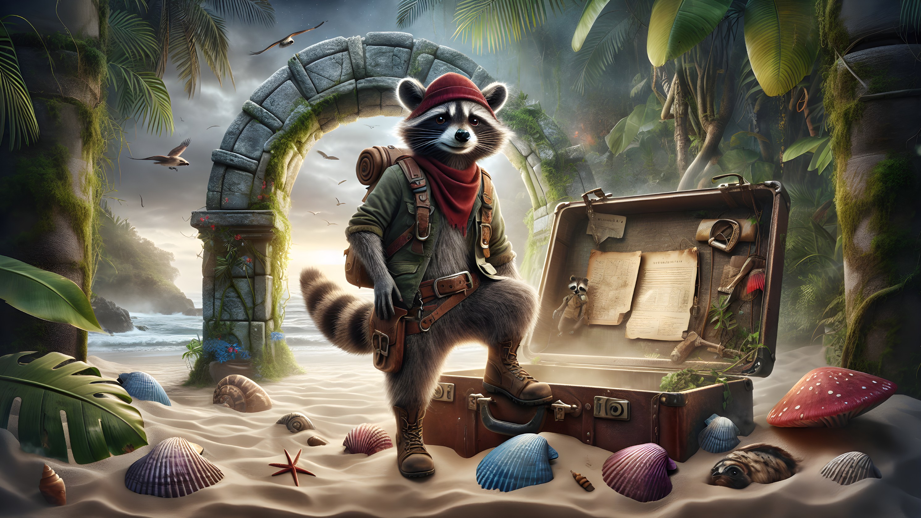 Raccoon Adventurer with Treasures in Tropical Setting