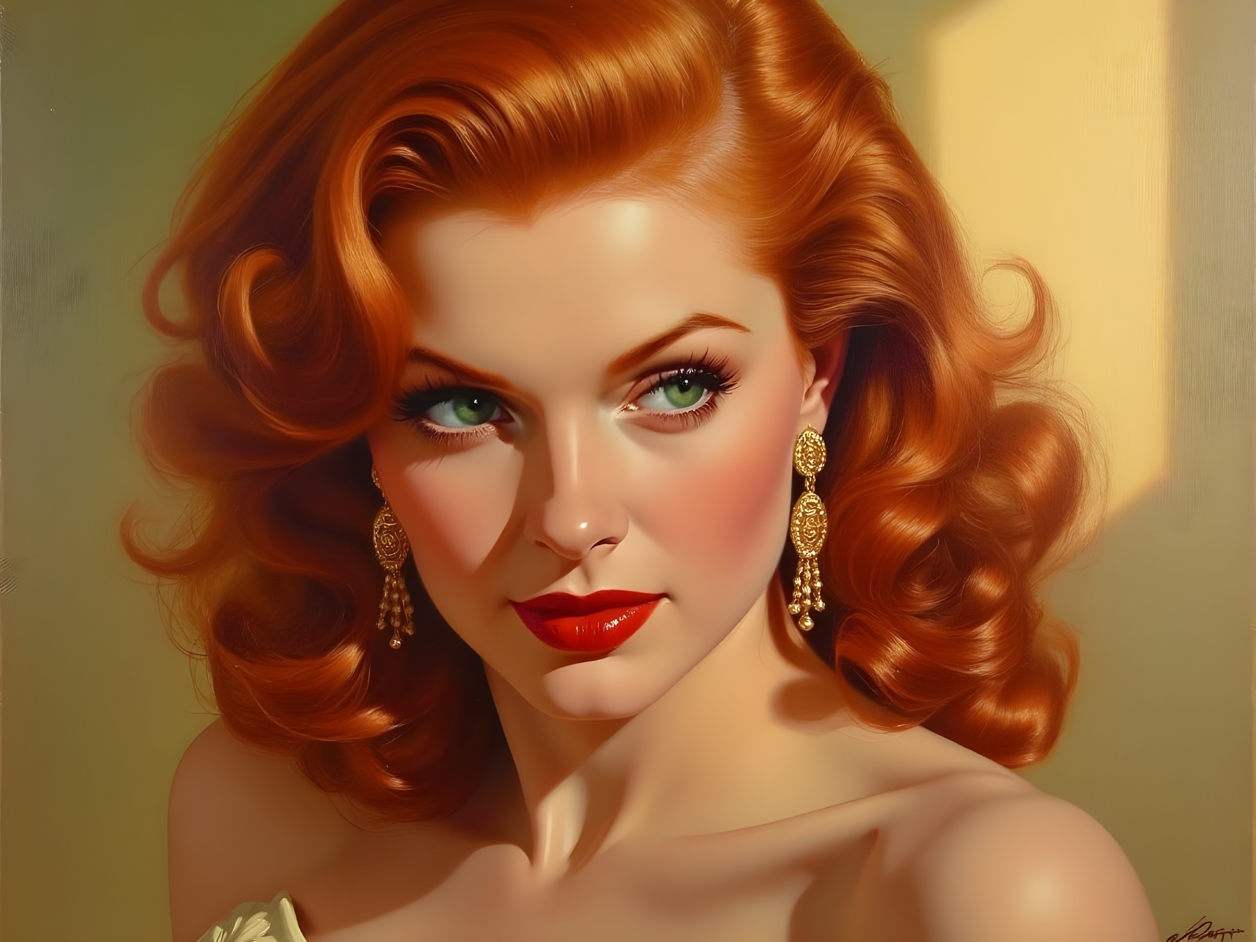 Glamorous woman with red curly hair and green eyes