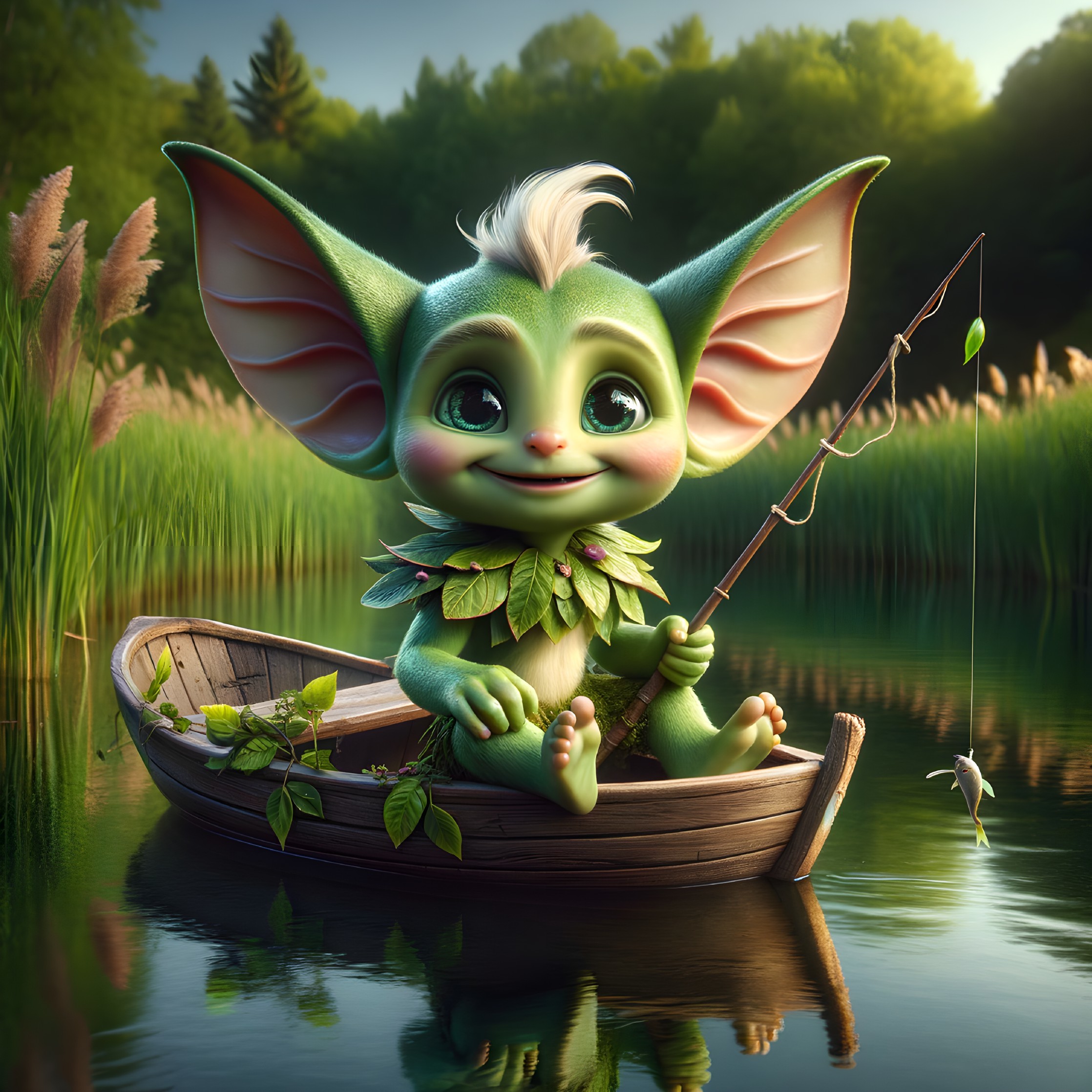 Cheerful green creature fishing in a serene lake