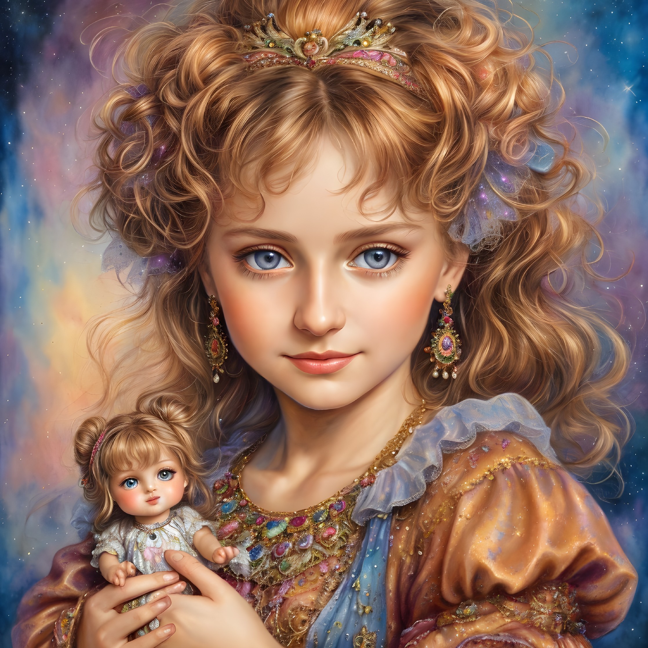 Young girl with blue eyes and colorful dress holding doll