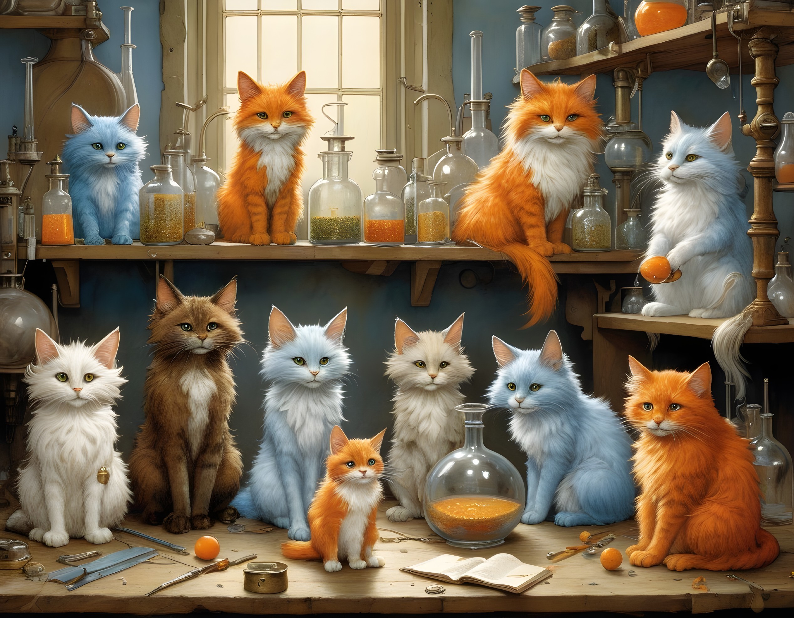 Charming Cats in a Colorful Laboratory Scene
