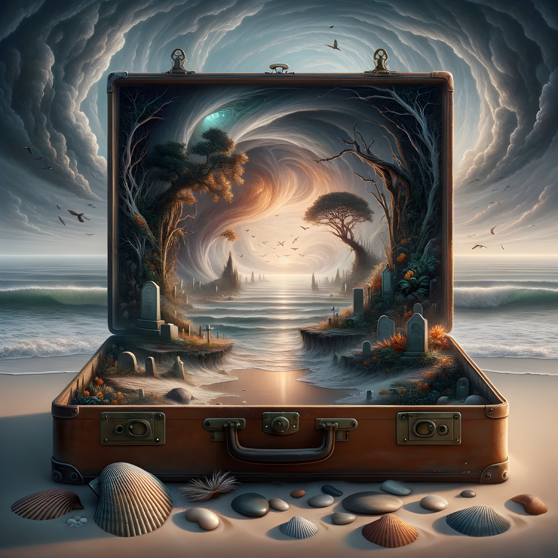 Surreal Landscape in an Open Suitcase on the Beach