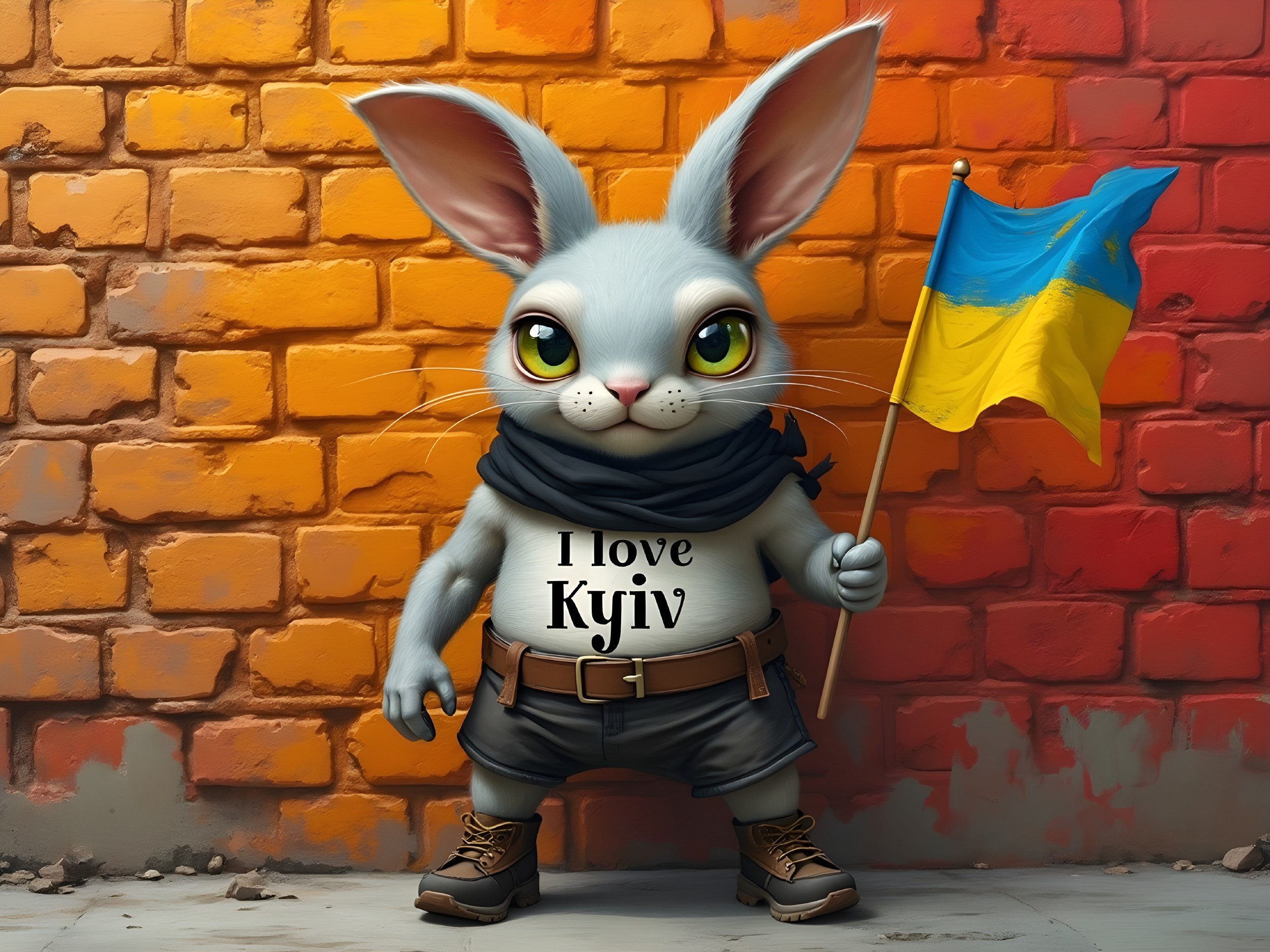 Cartoon Rabbit with Ukrainian Flag Against Brick Wall
