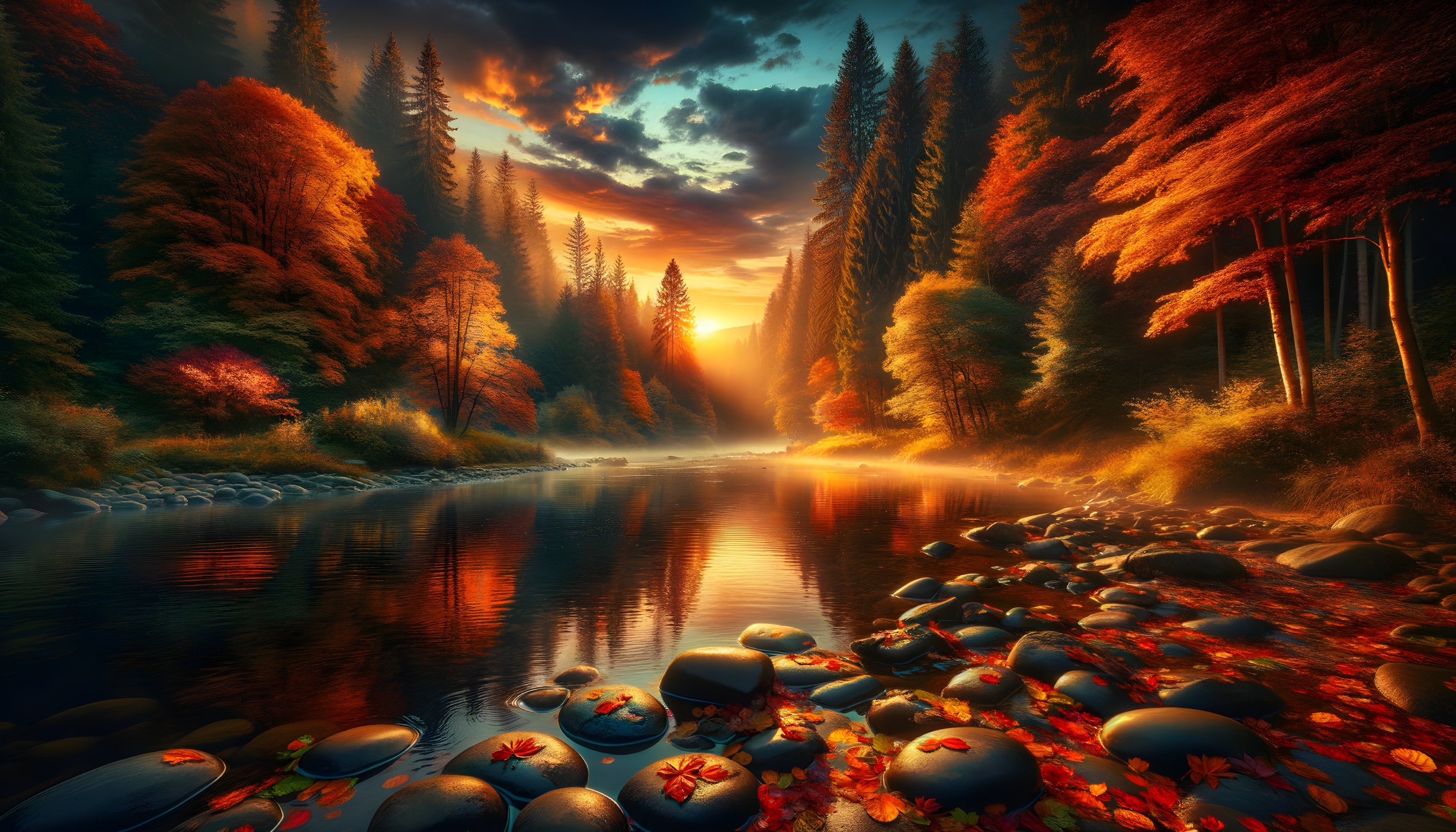 Serene Autumn Landscape with Tranquil River and Foliage
