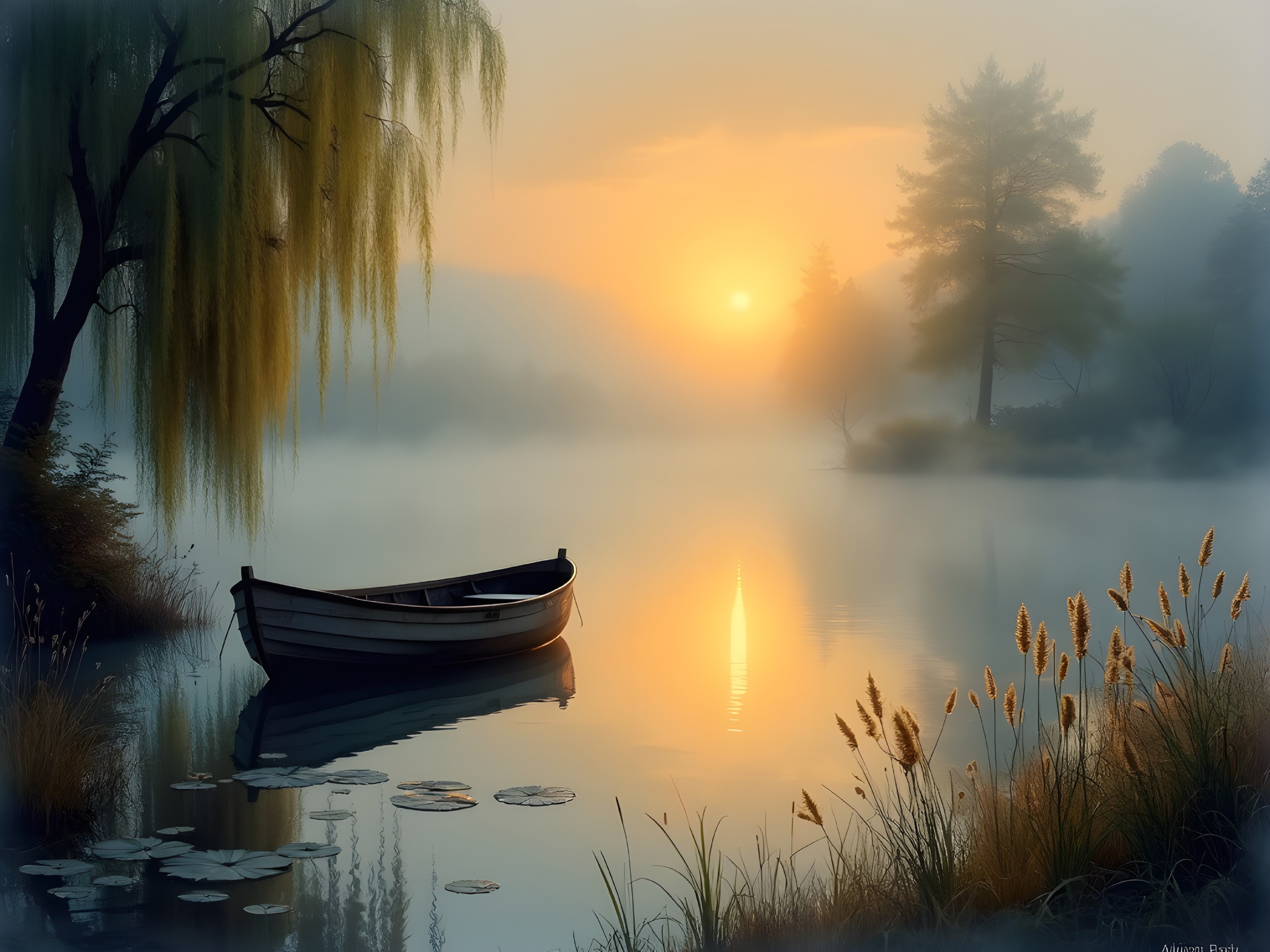 Serene Dawn Landscape with Tranquil Lake and Mist