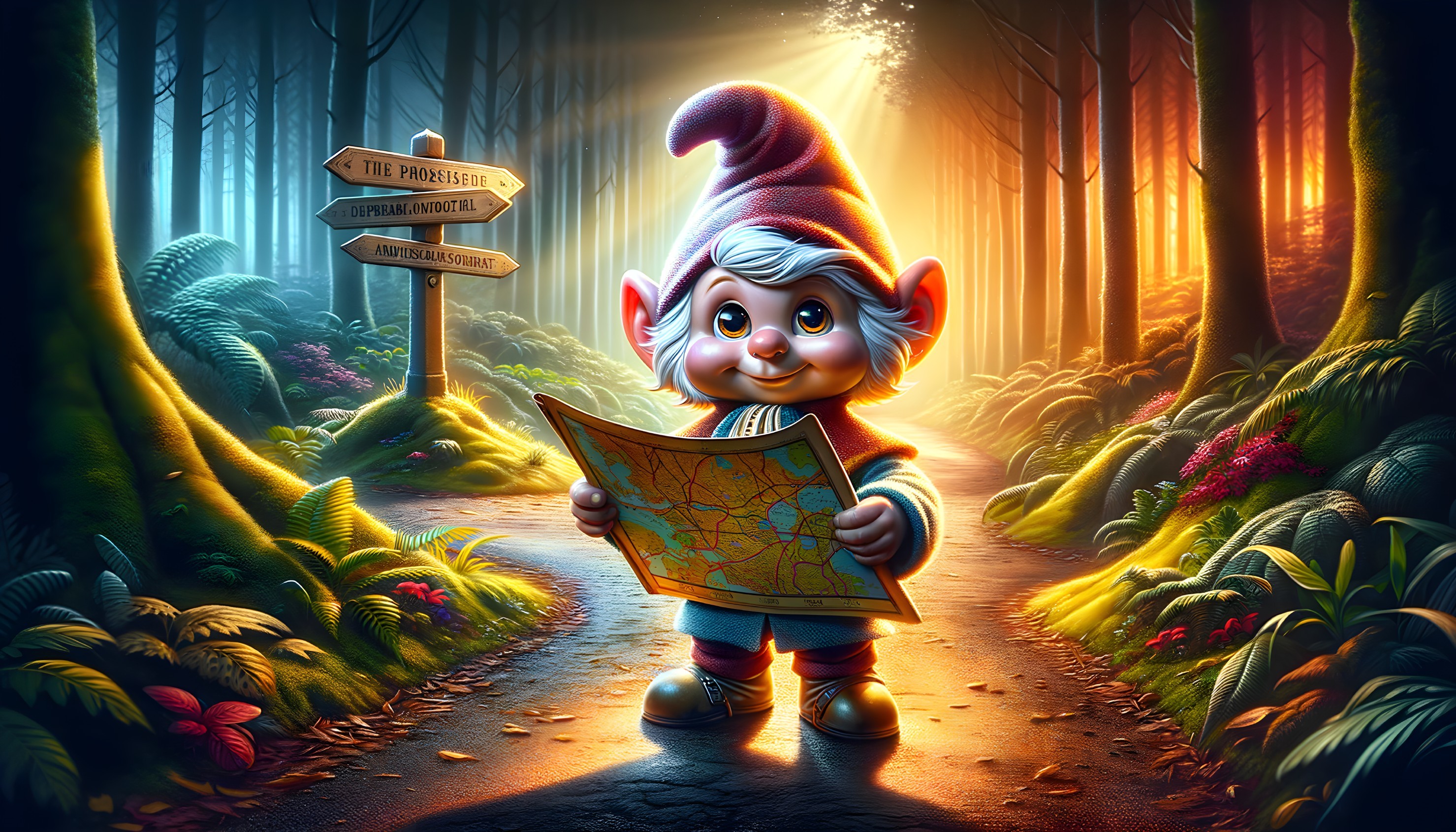 Whimsical Forest Scene with Cheerful Gnome and Map
