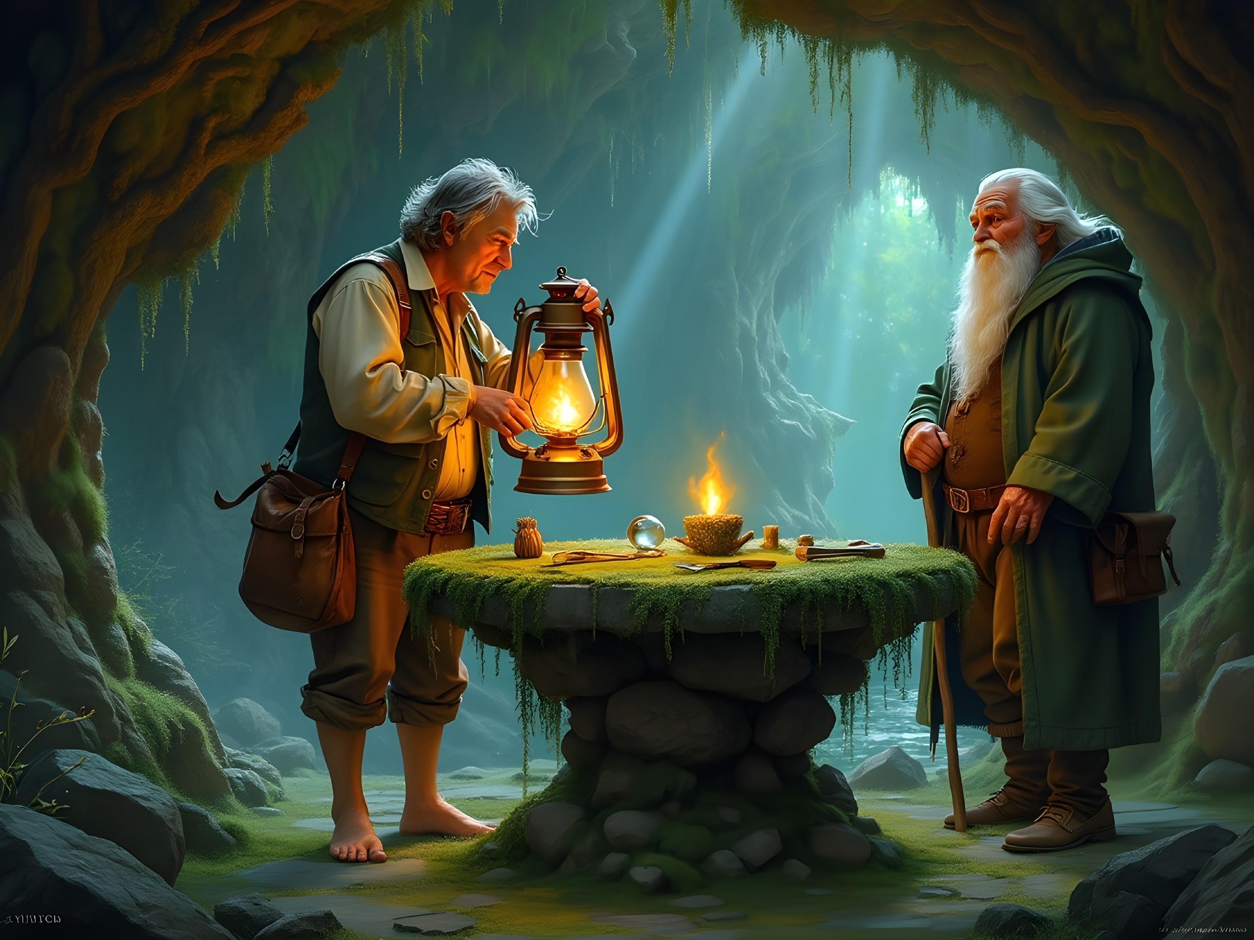 Wizened Figures in a Mystical Forest Conversation