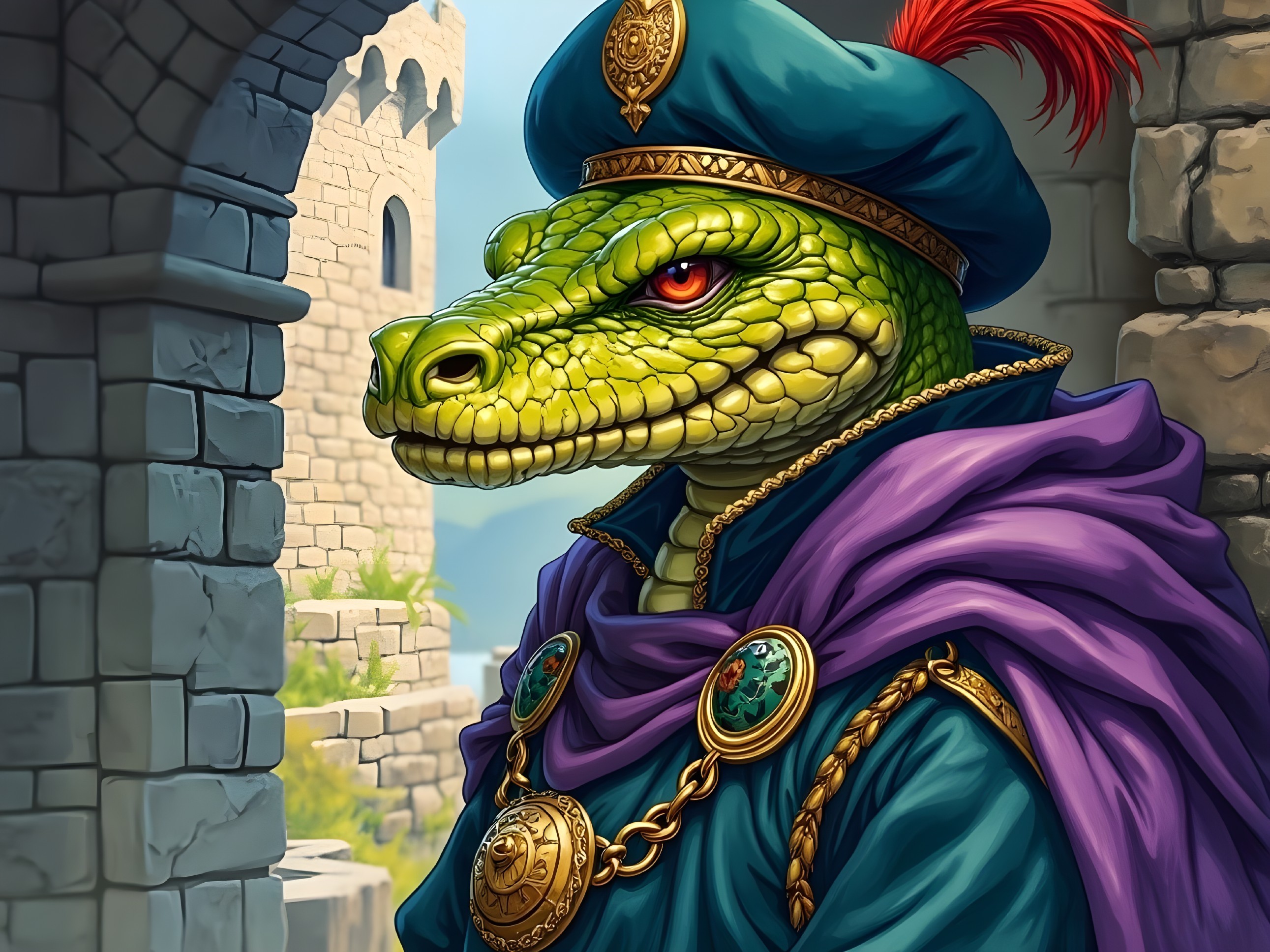 Regal Lizard Creature in Medieval Outfit and Castle Background