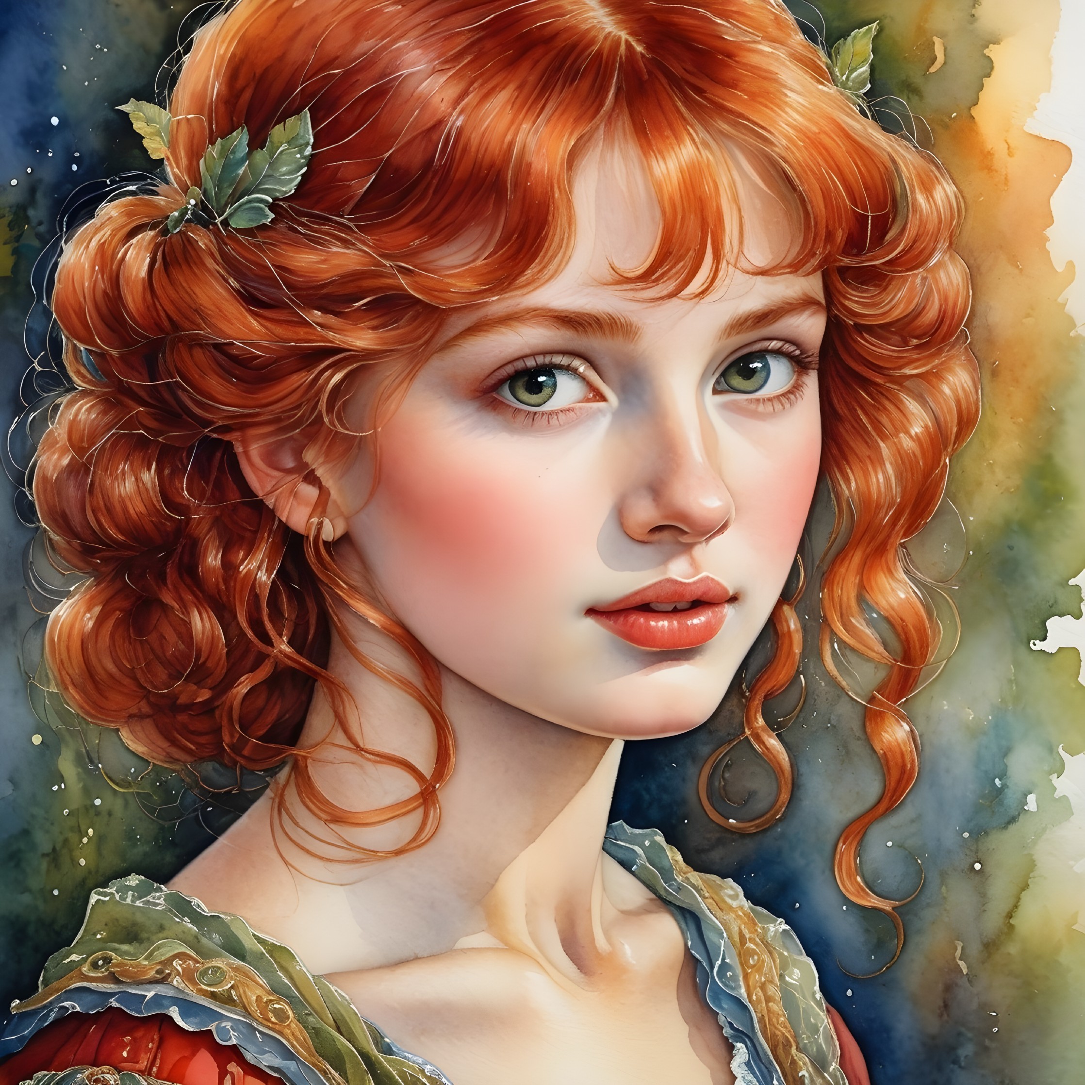 Young woman with red curly hair and vibrant garment