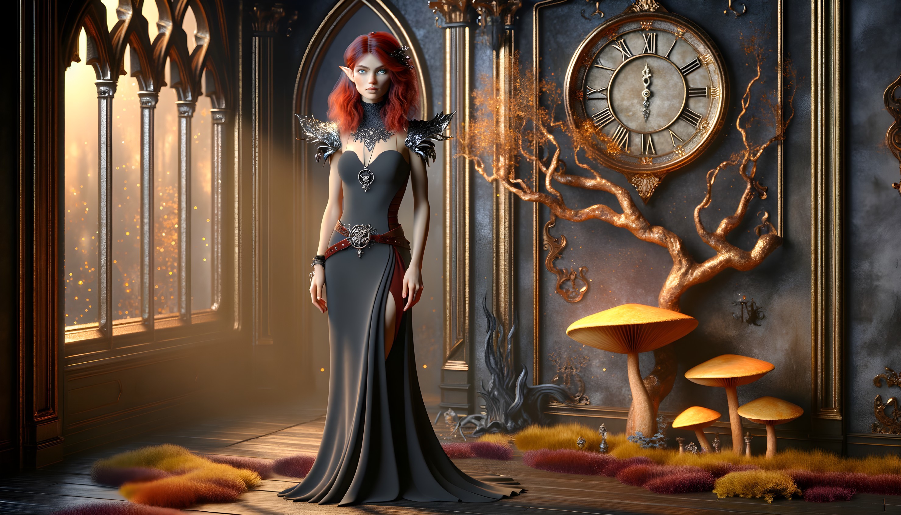 Ethereal Woman in Grey Gown in Fantastical Setting
