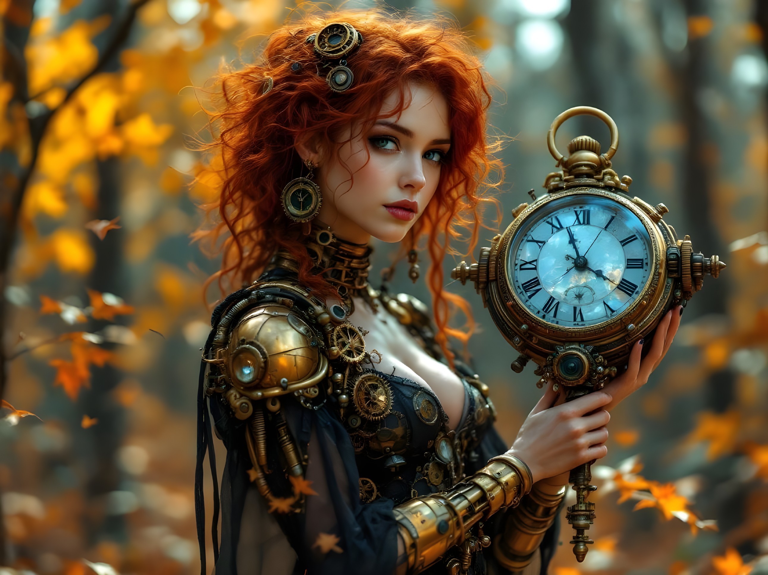 Mystical Forest Scene with Steampunk Woman and Clock