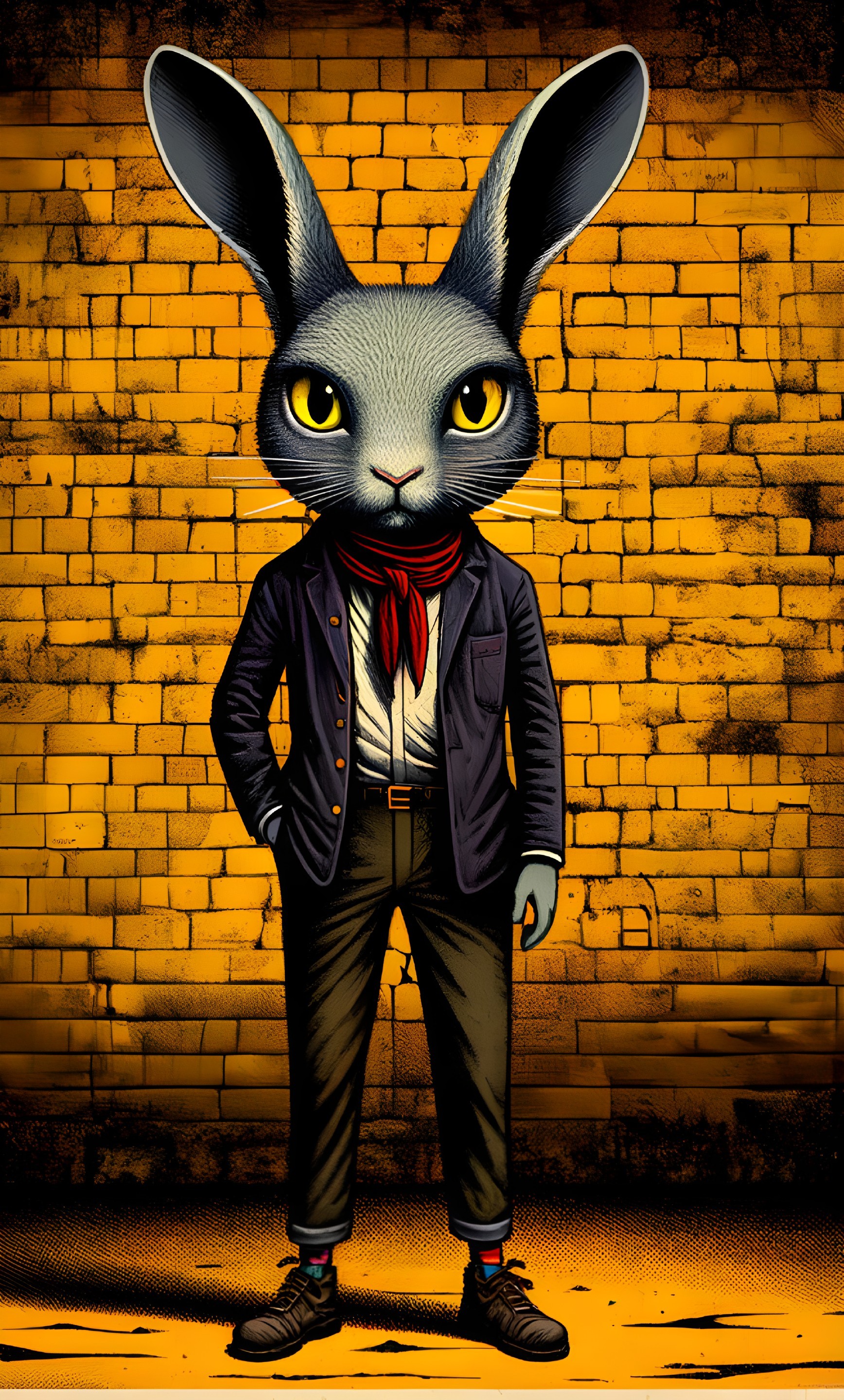Stylized Anthropomorphic Rabbit Against Yellow Wall