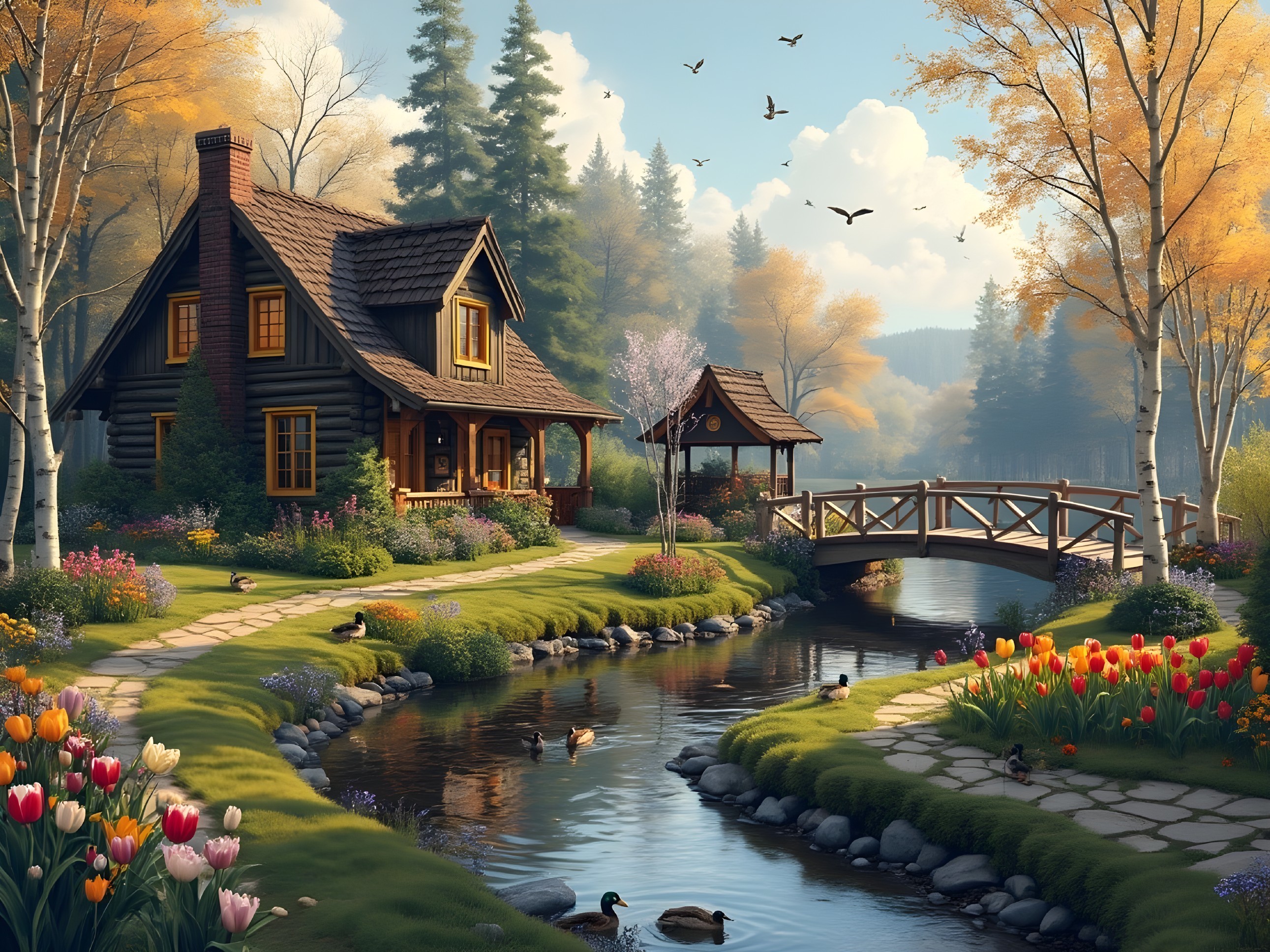 Wooden Cottage by Stream Surrounded by Autumn Foliage