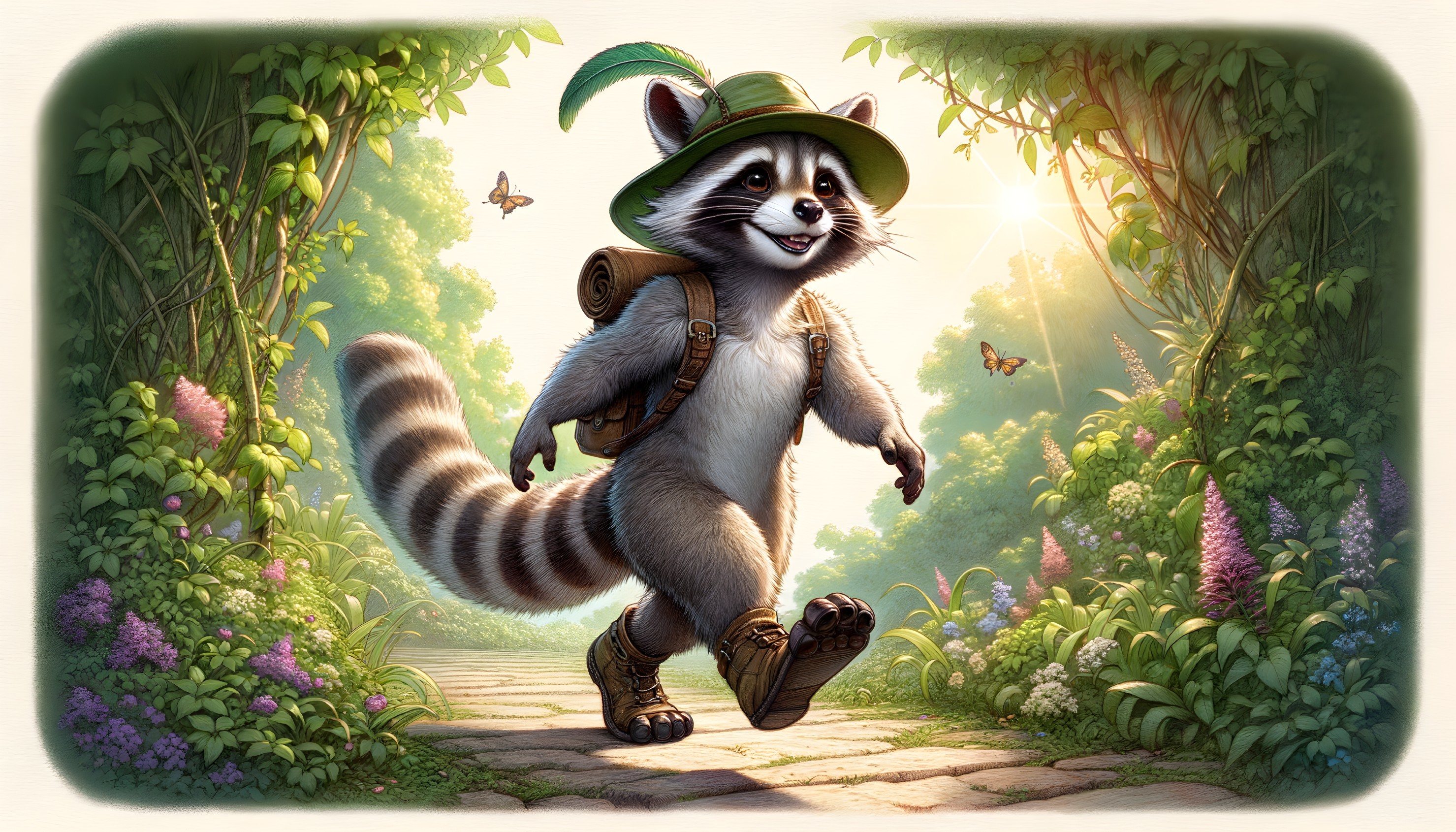 Cheerful Raccoon on a Sunlit Forest Path