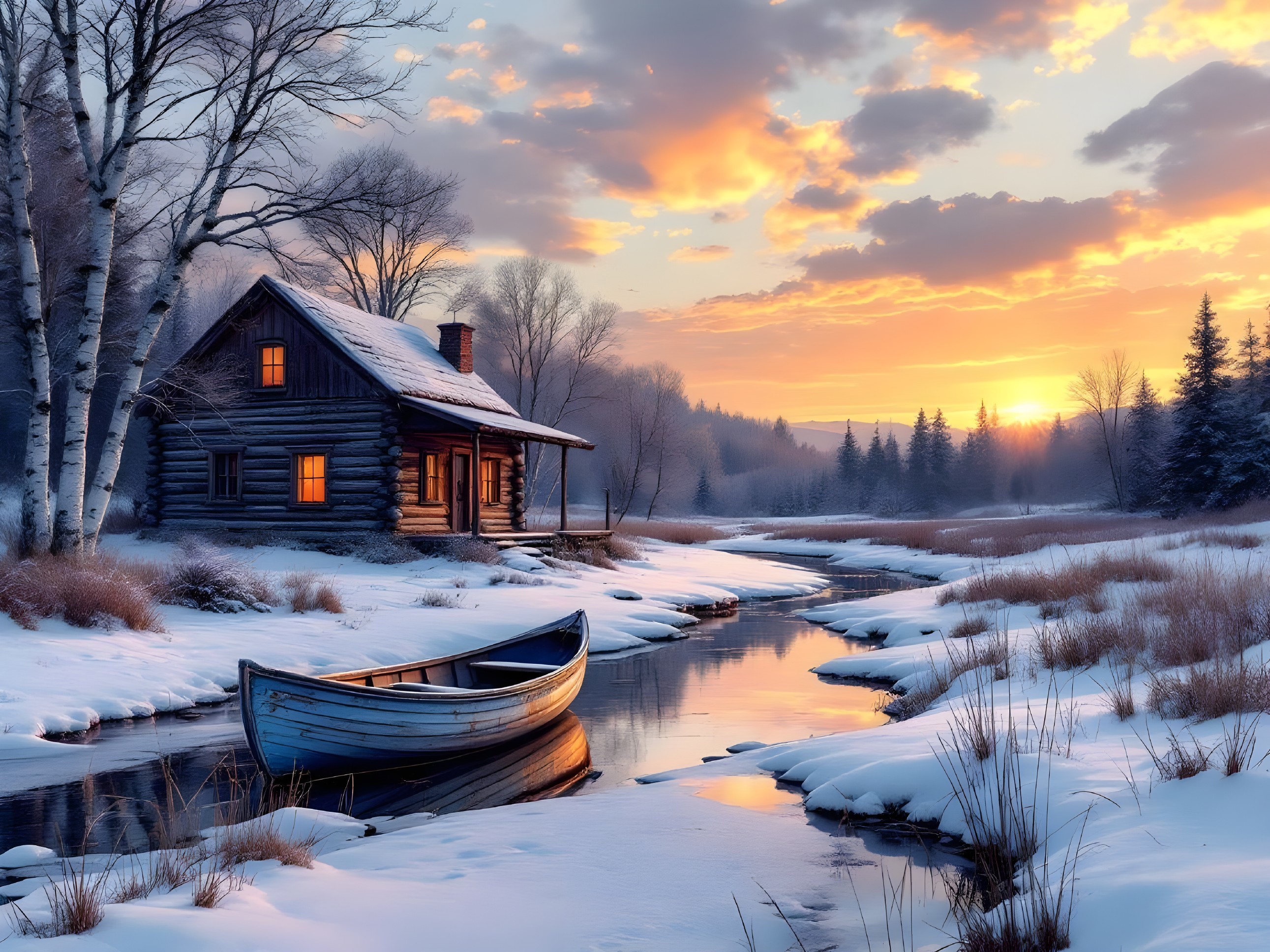 Cozy log cabin in serene winter landscape at sunset