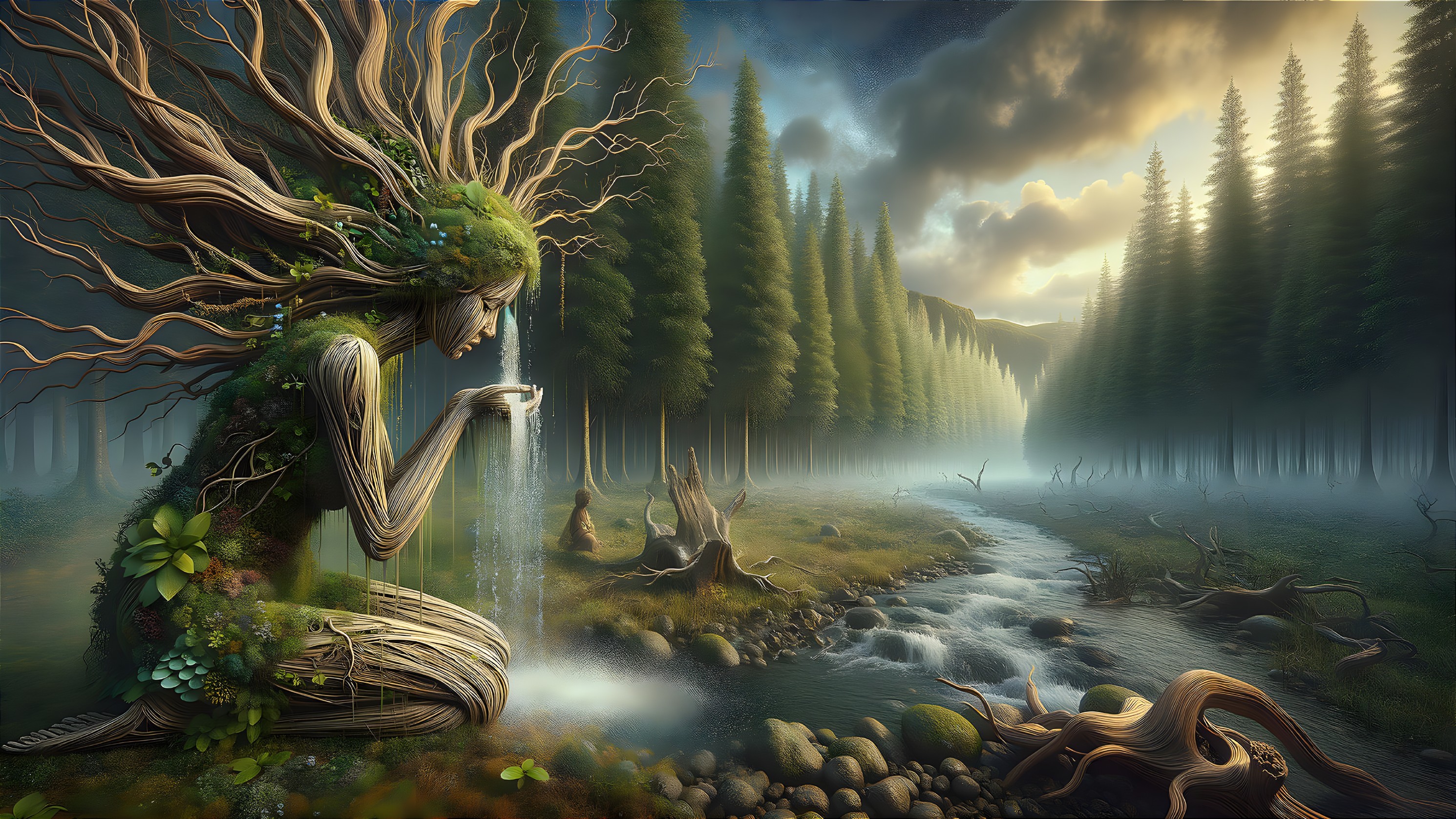 Giant Nature Figure by Tranquil Stream in Misty Forest