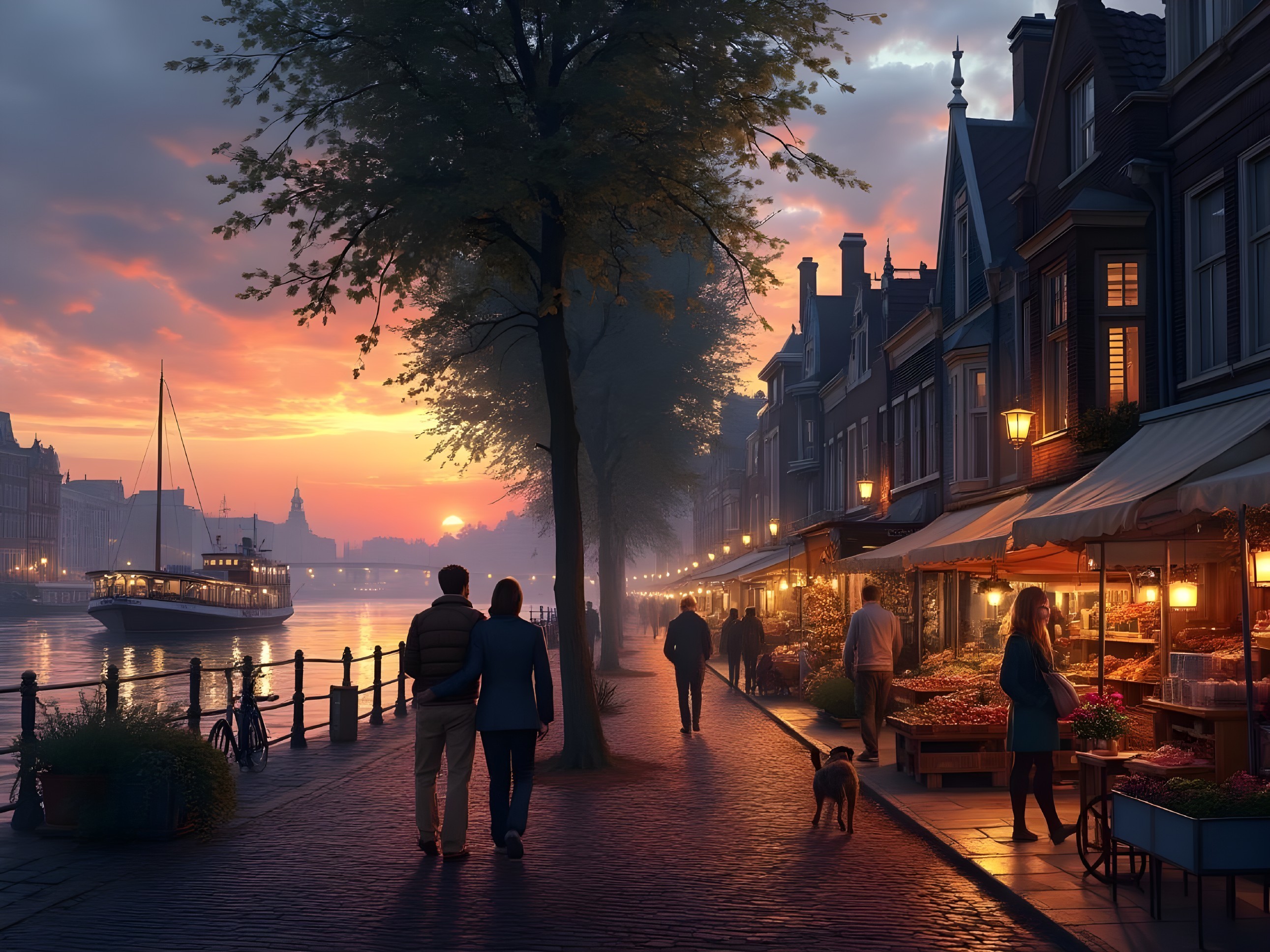 Serene Waterfront Scene at Sunset with Historic Buildings