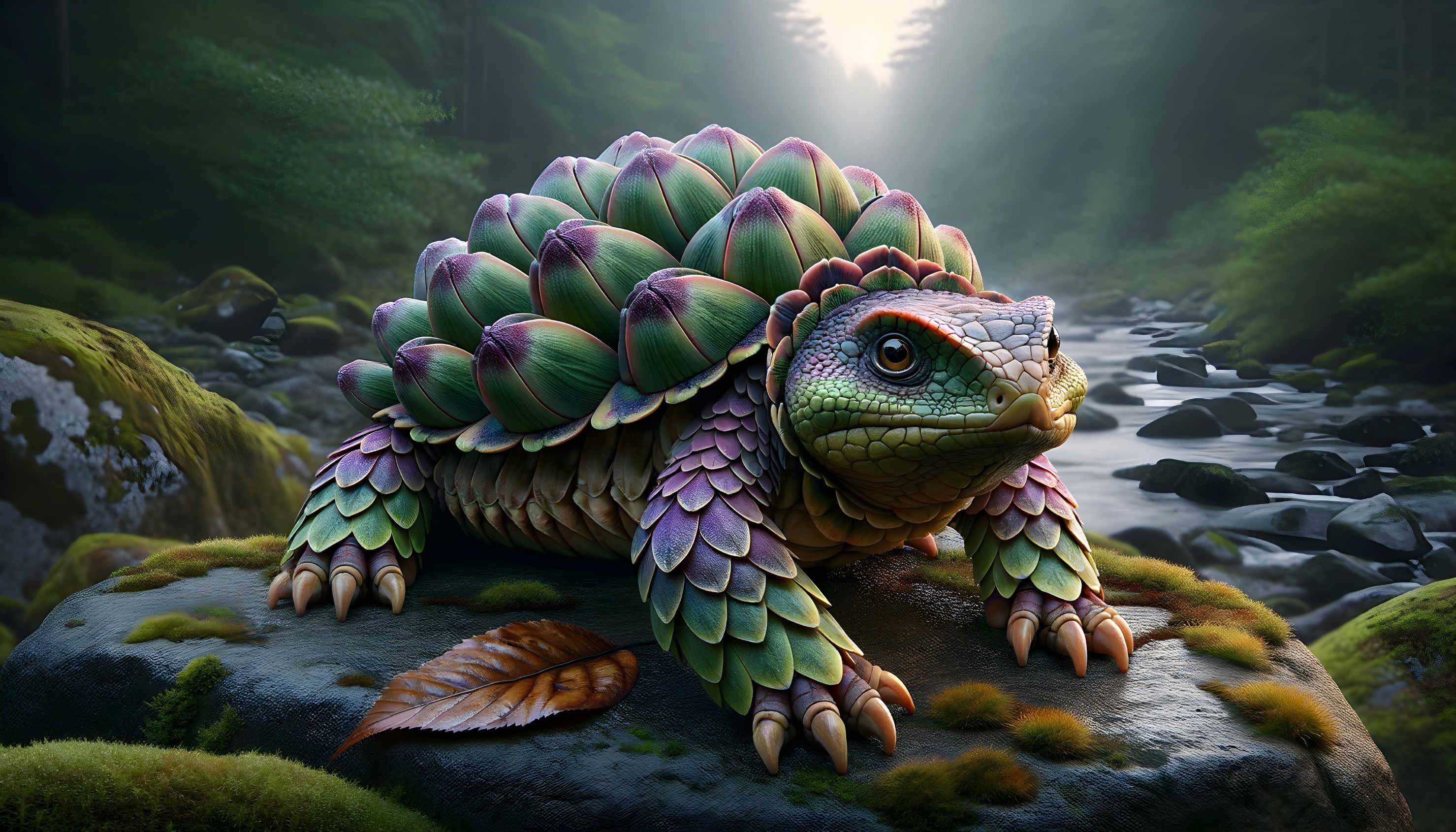 Fantastical Turtle on Mossy Rock in Serene Forest