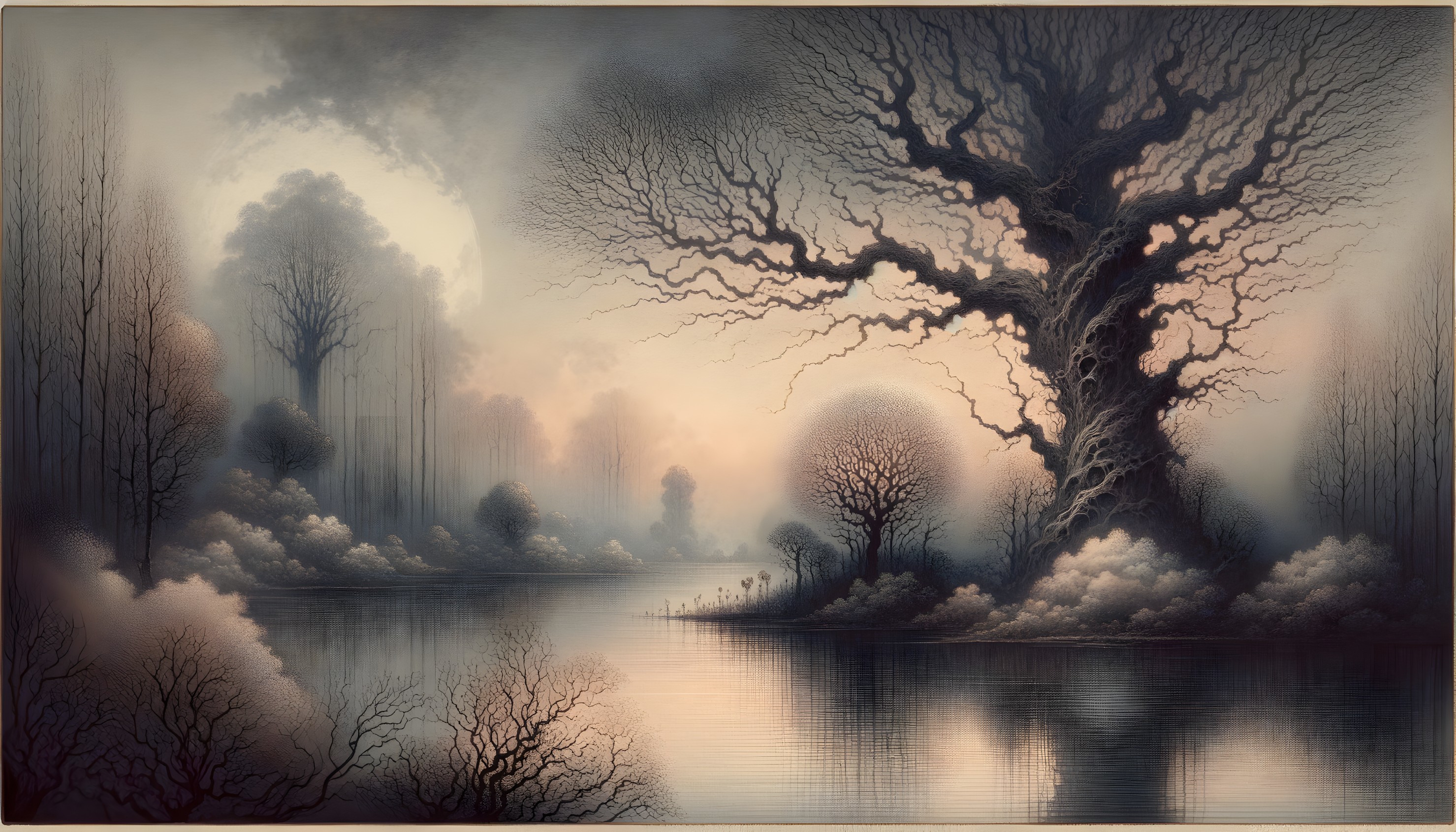 Eerie Landscape with Serene Lake and Gnarled Trees