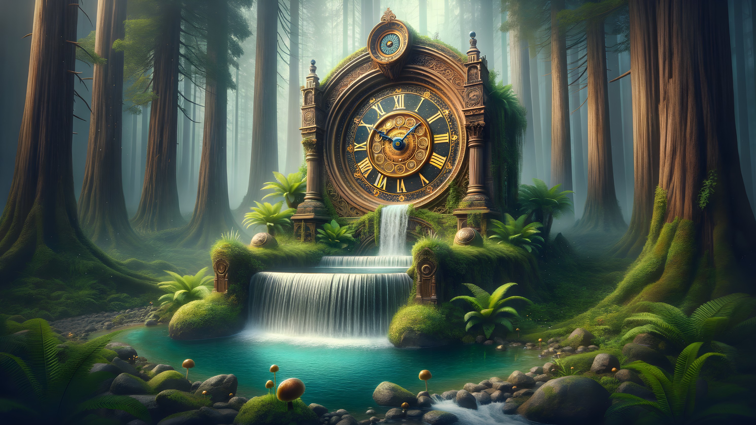 Ornate Clock in Mystical Forest with Waterfall and Pool