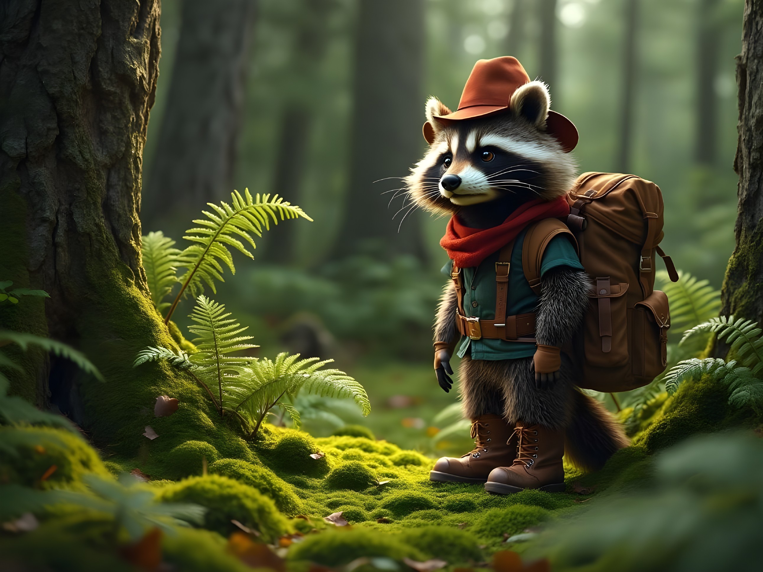 Raccoon Dressed as Hiker in Serene Forest Setting