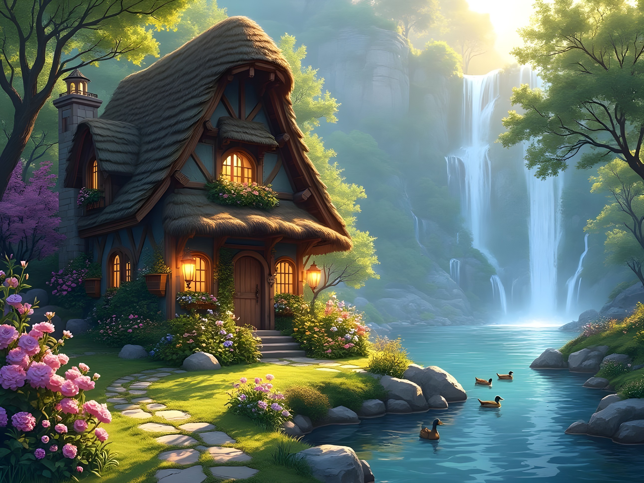 Cottage by River with Thatched Roof and Vibrant Nature