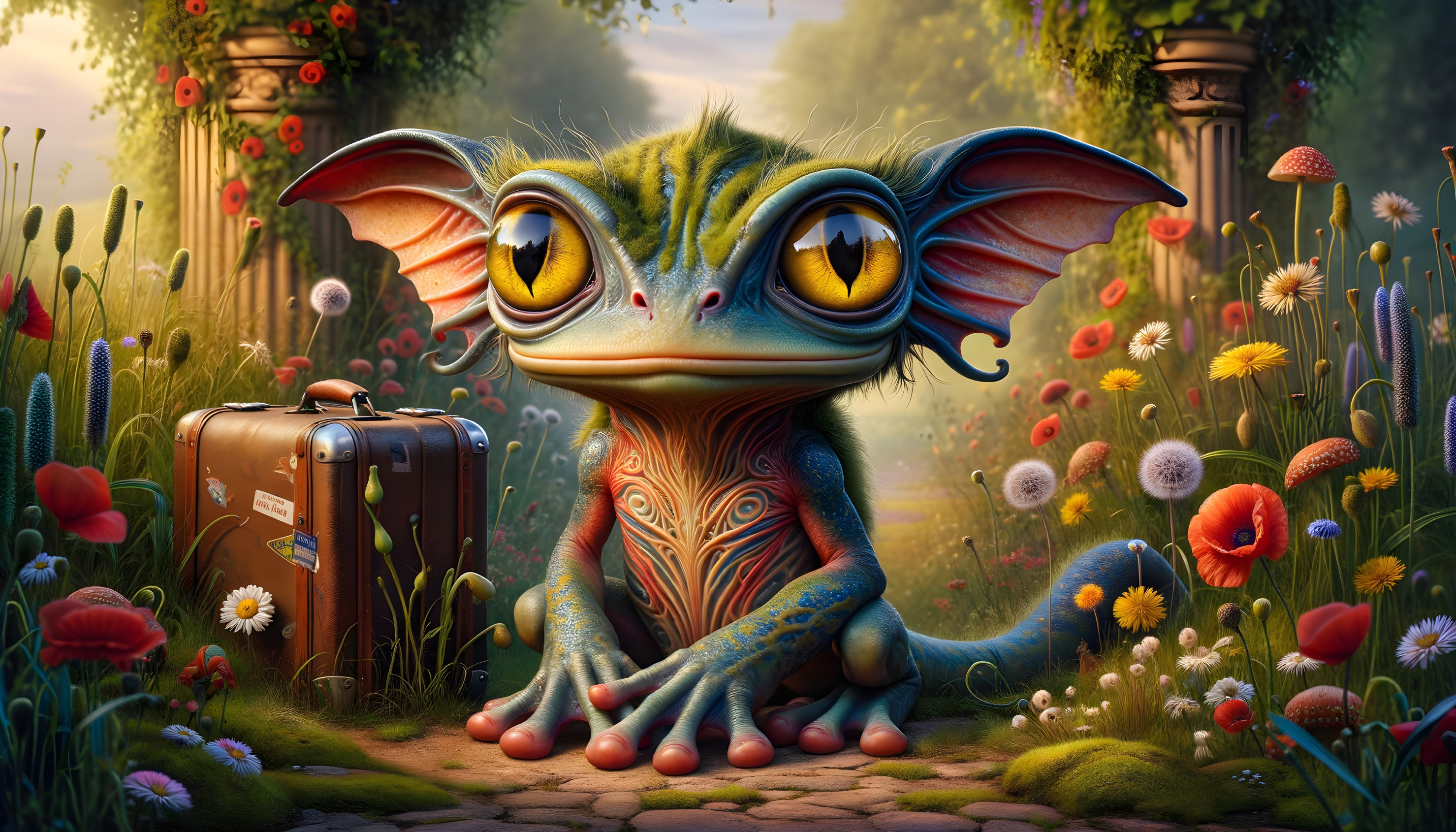 Whimsical creature in a colorful garden setting