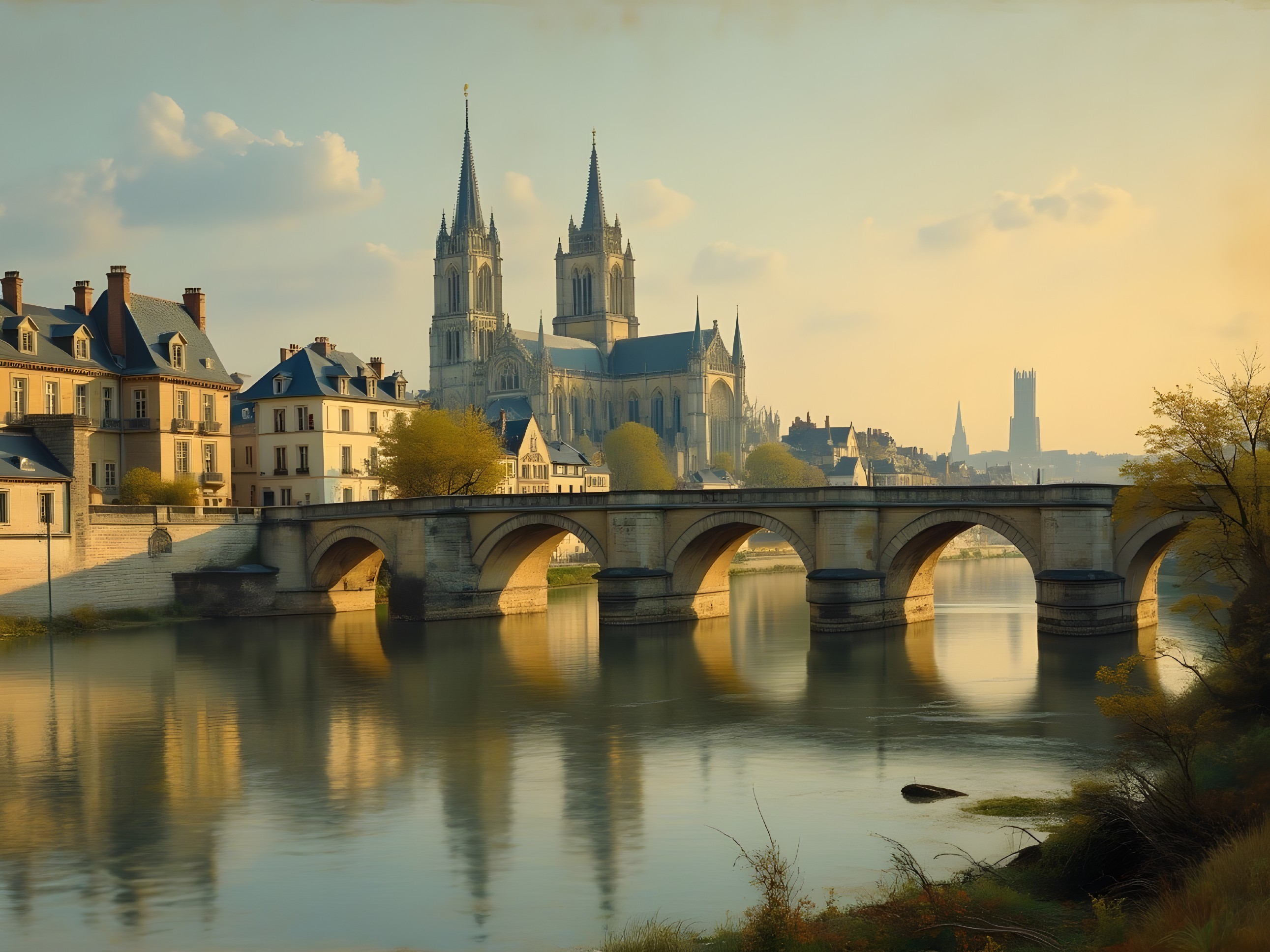 Serene riverscape with bridge and cathedral reflection