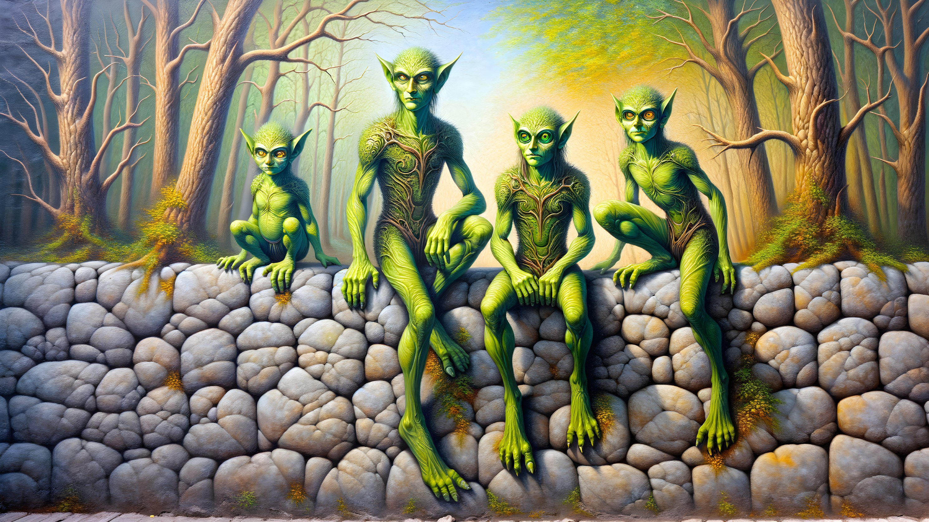 Four Green Humanoid Figures on a Stone Wall