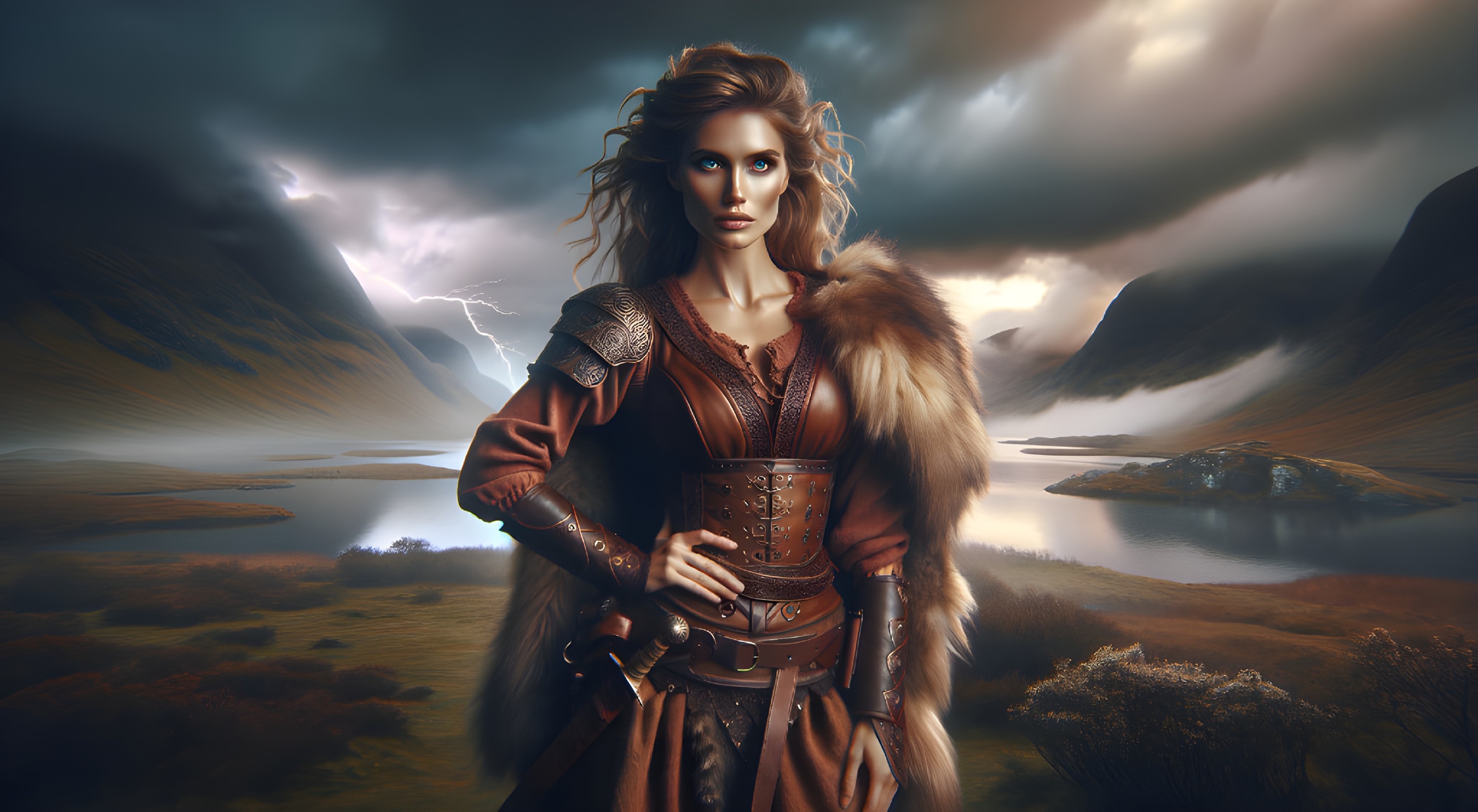 Fierce Warrior Woman in Dramatic Landscape Setting