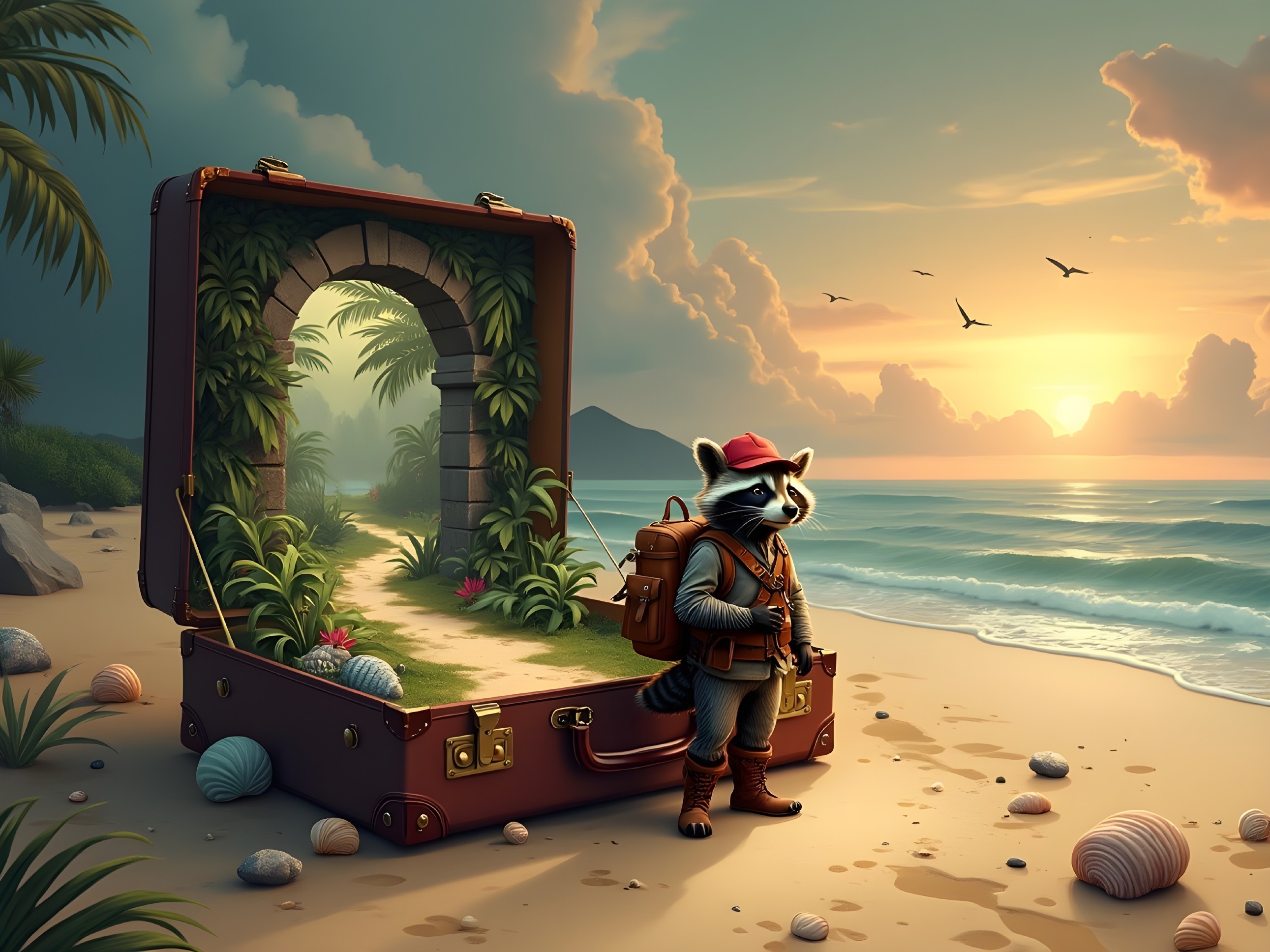 Whimsical Raccoon at Beach with Tropical Pathway