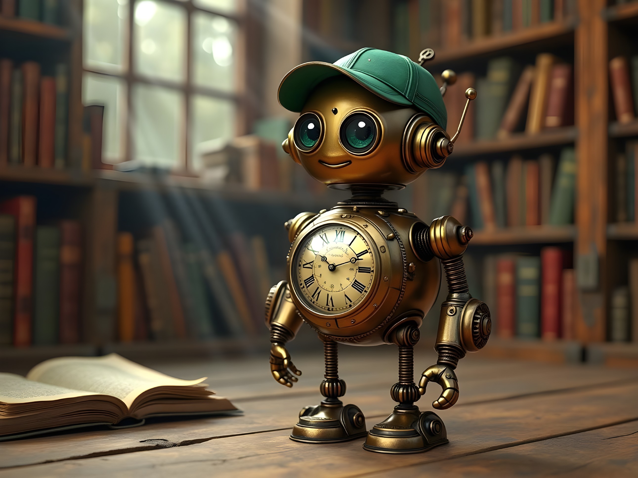 Robotic Figure in Cozy Library with Steampunk Design