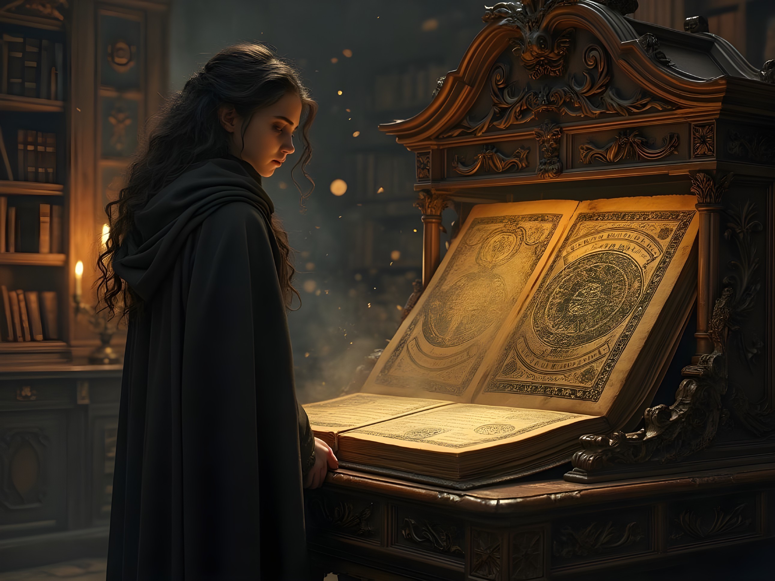 Young Woman in Cloak Studies Ancient Book in Library