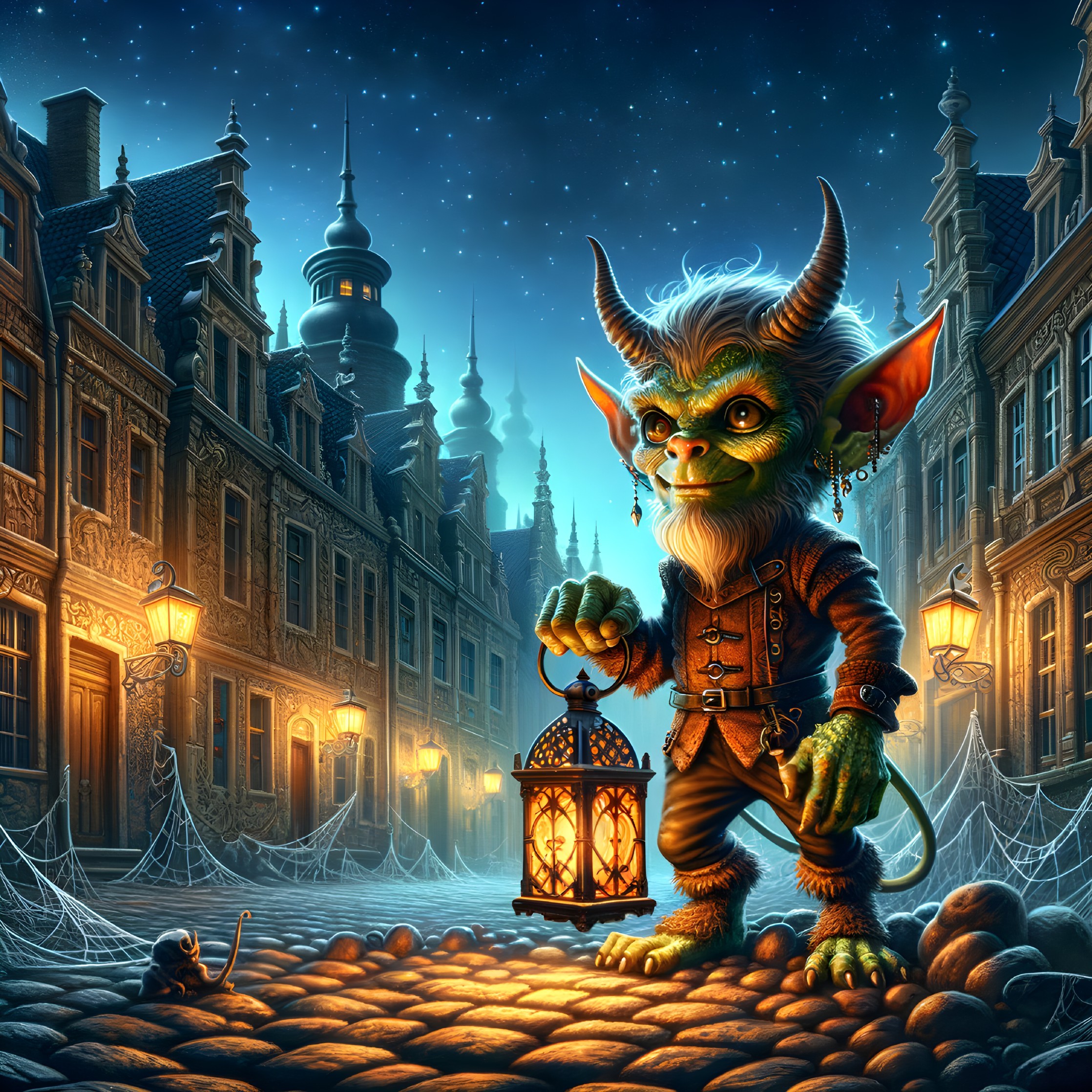 Whimsical Goblin in Lantern-Lit Cobblestone Street