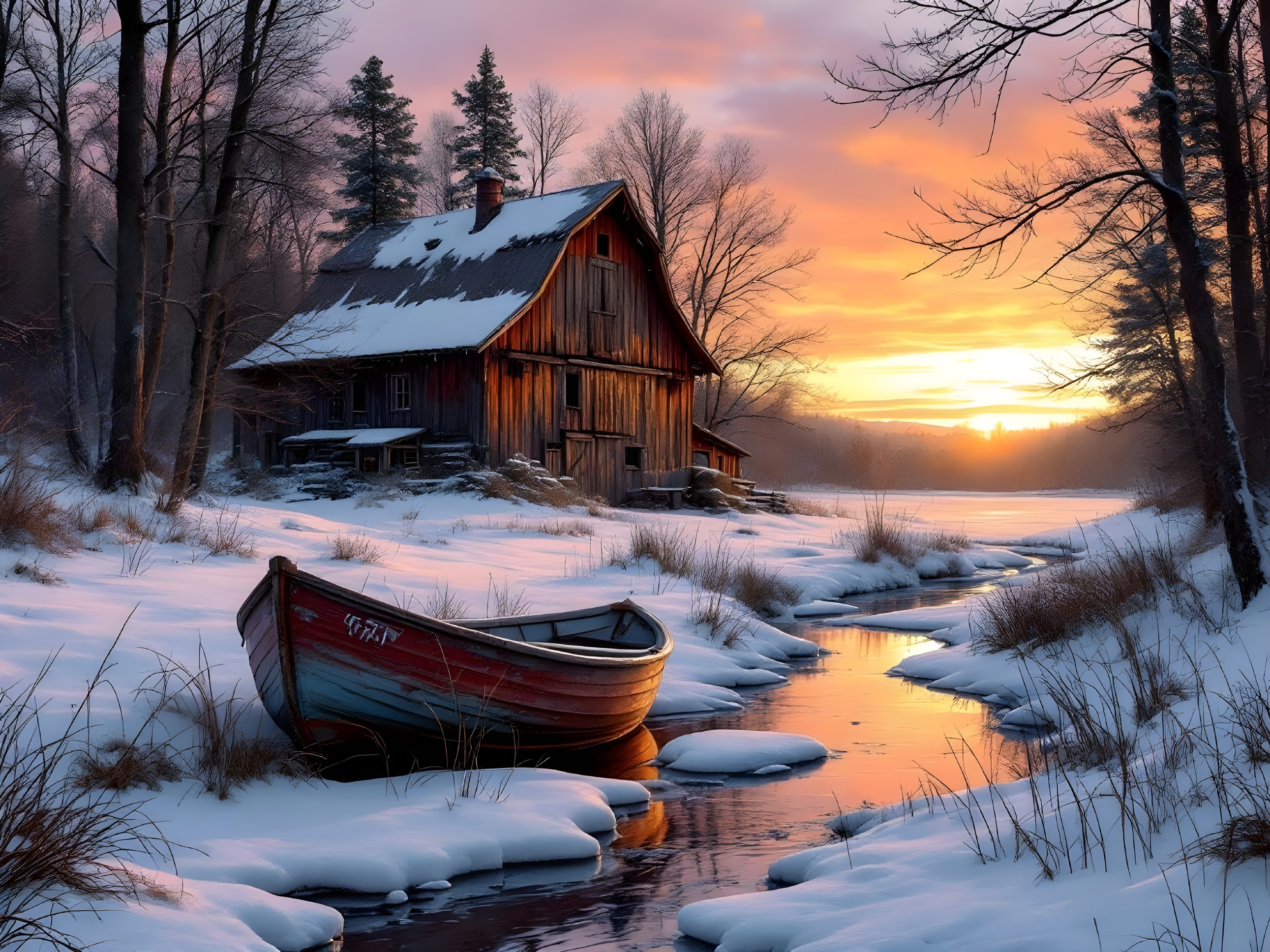 Winter Cabin Scene with Sunset and Icy Stream