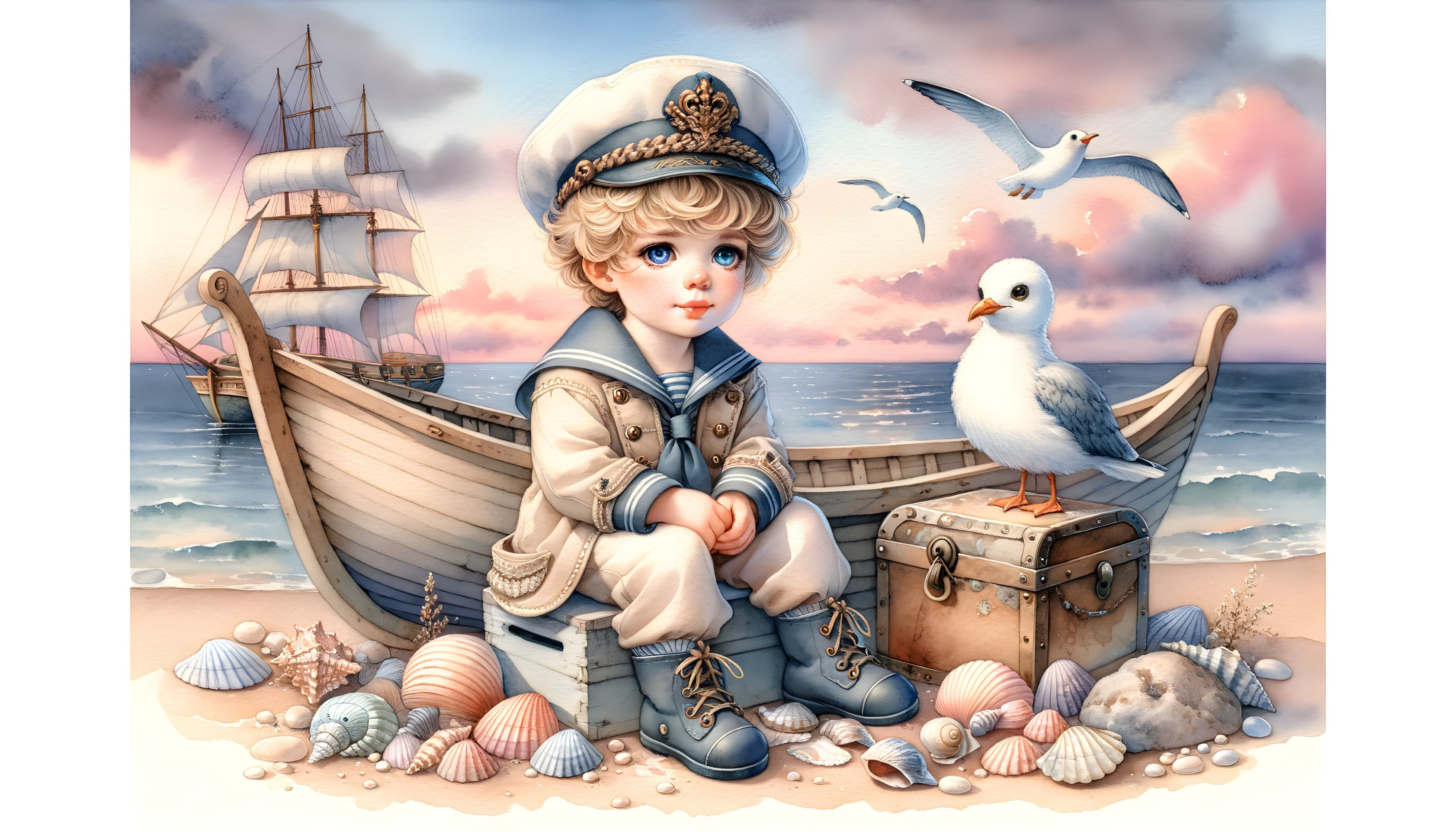 Young Boy in Sailor Outfit by Boat at Sunset Beach