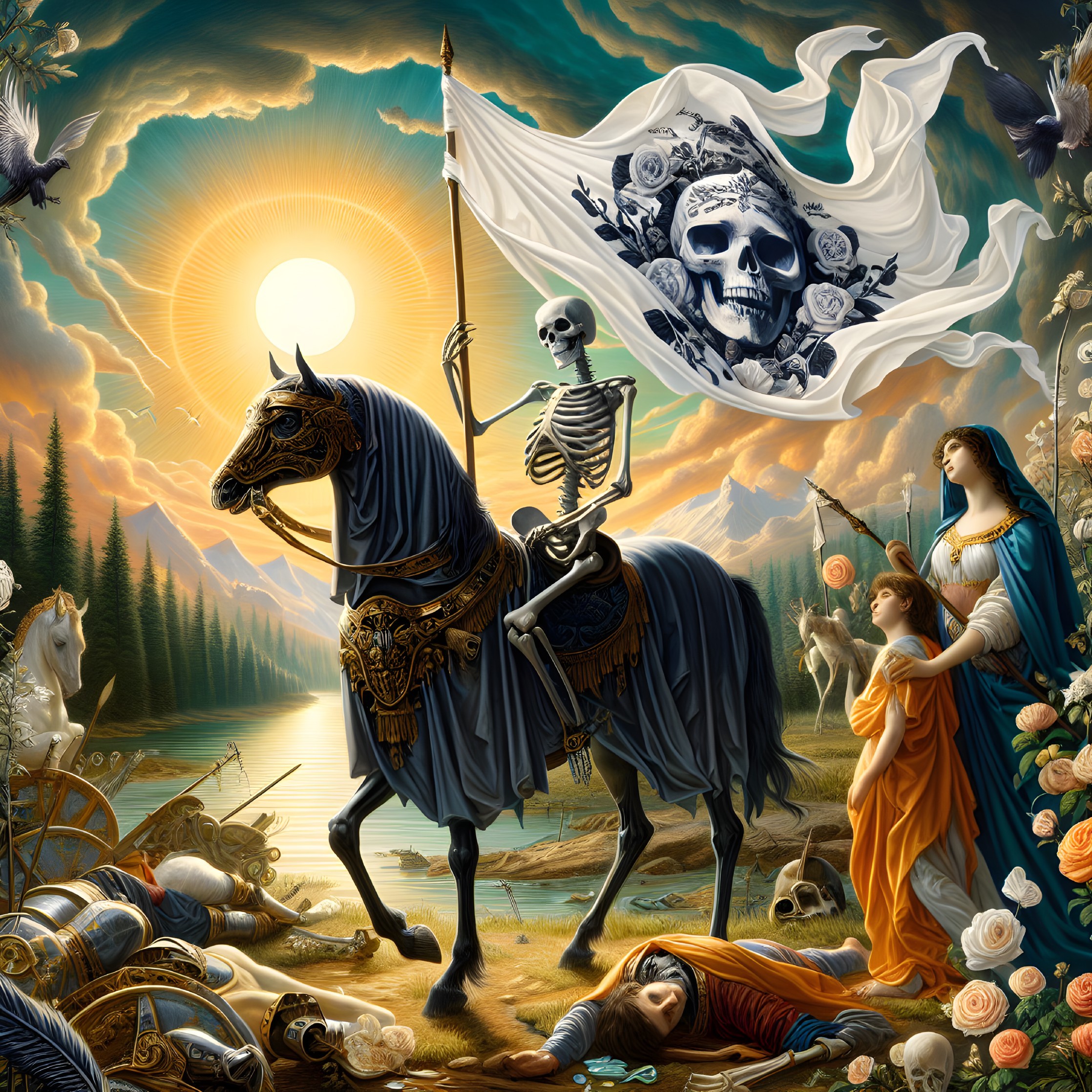 Skeletal Rider with Flag in Dramatic Landscape Scene