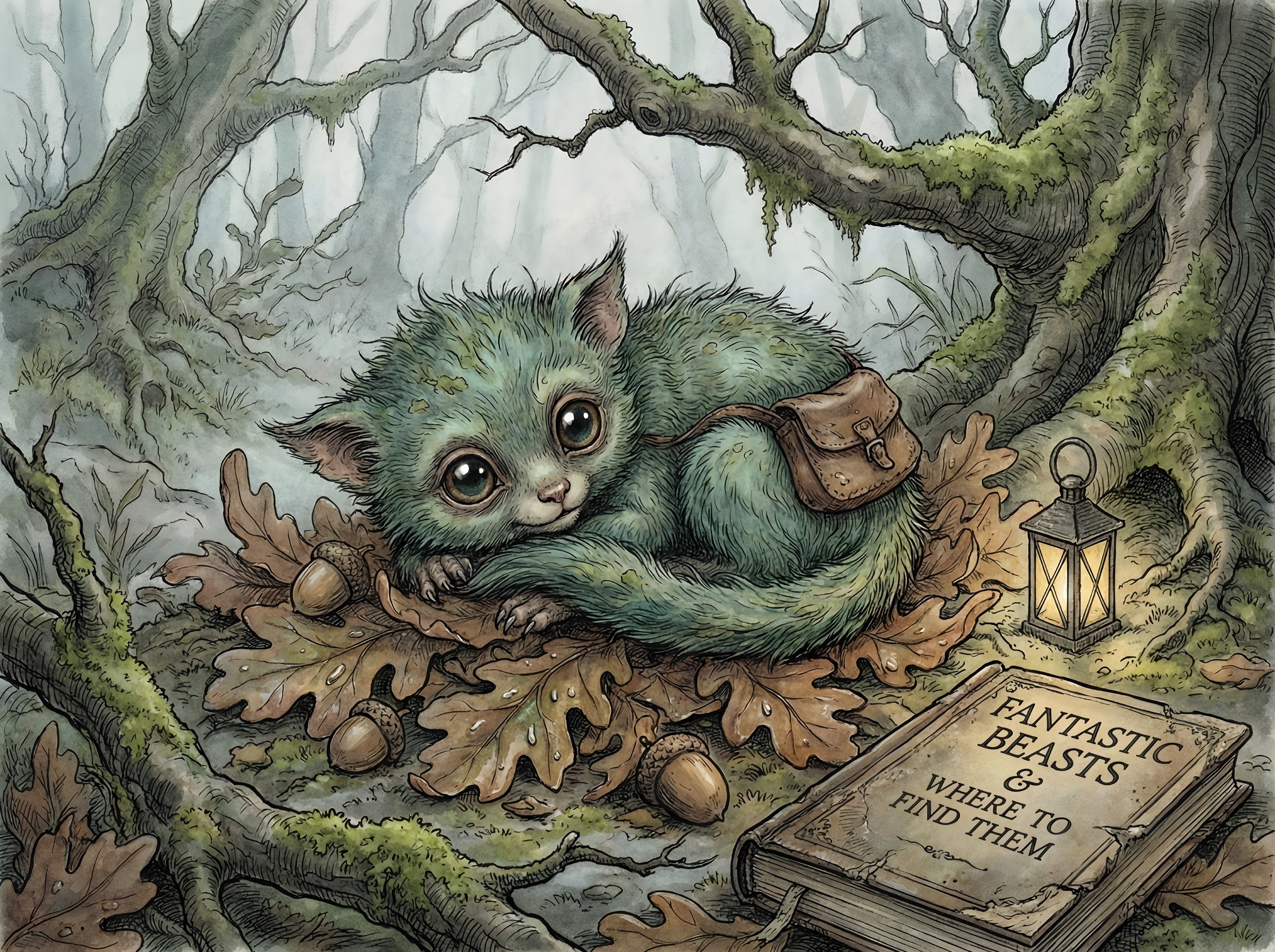 Fluffy green creature resting on oak leaves in forest